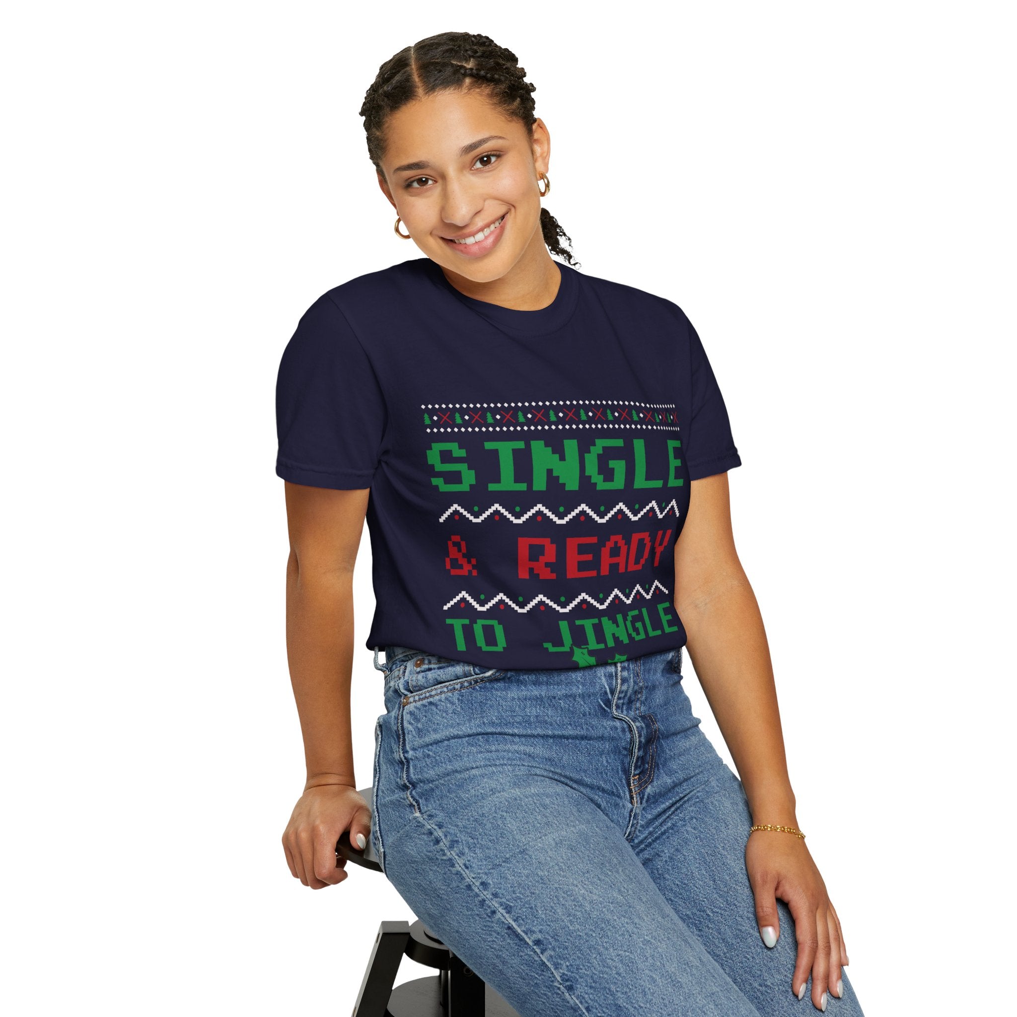Single and Ready To Jingle Tee | holiday pixel Knit bells & holly