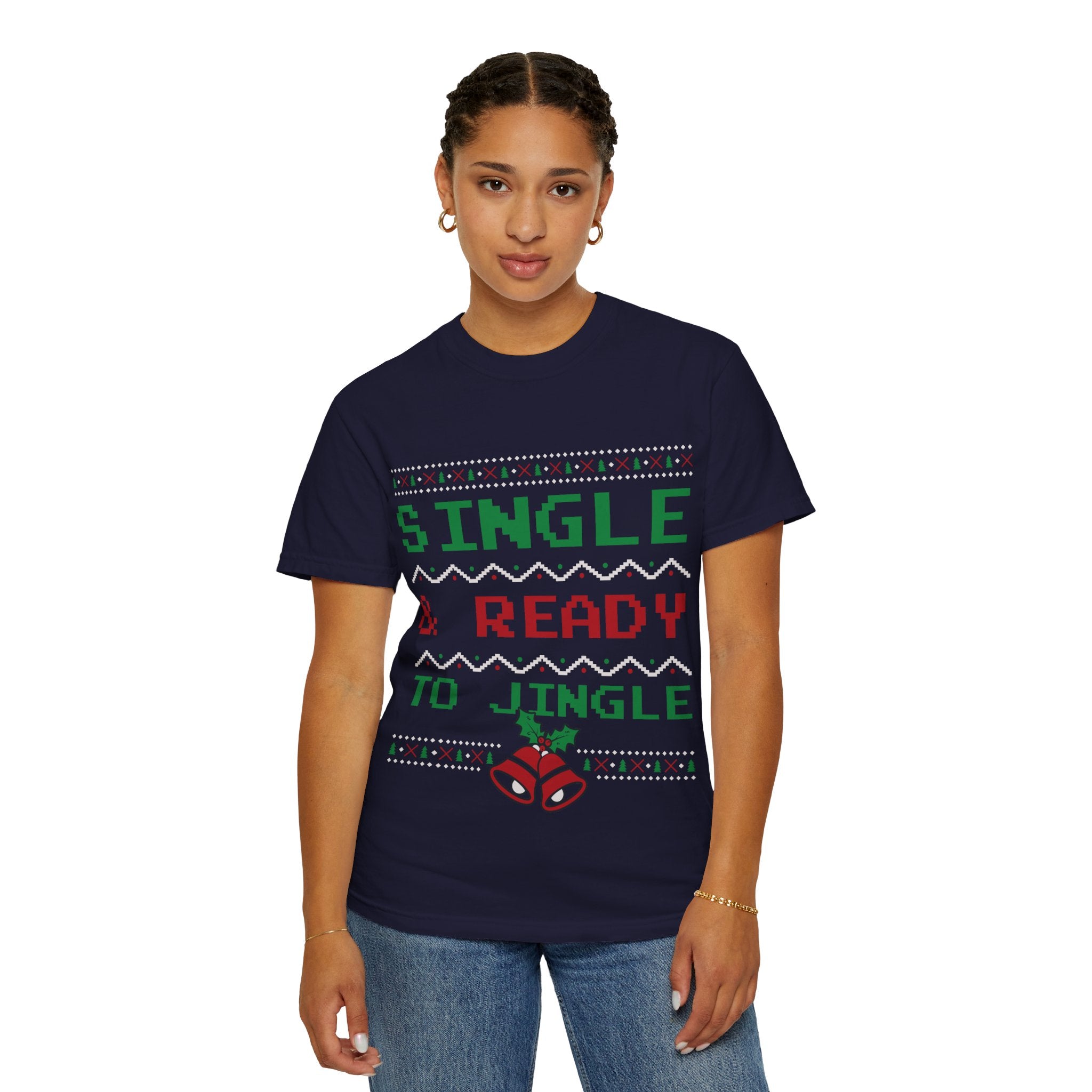 Single and Ready To Jingle Tee | holiday pixel Knit bells & holly