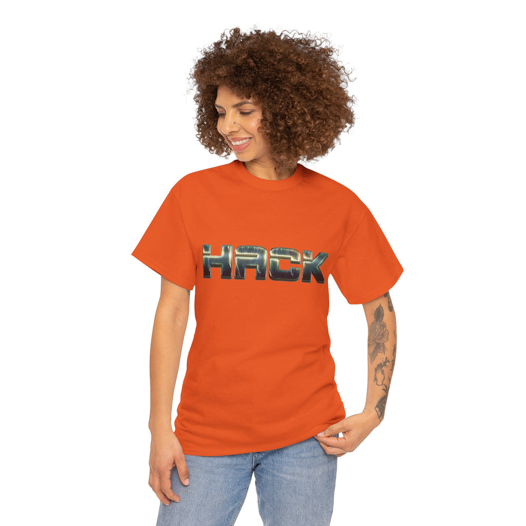 Orange HACK Metallic Logo T-Shirt | Tech Coder Hacker Shirt | Heavyweight Cotton