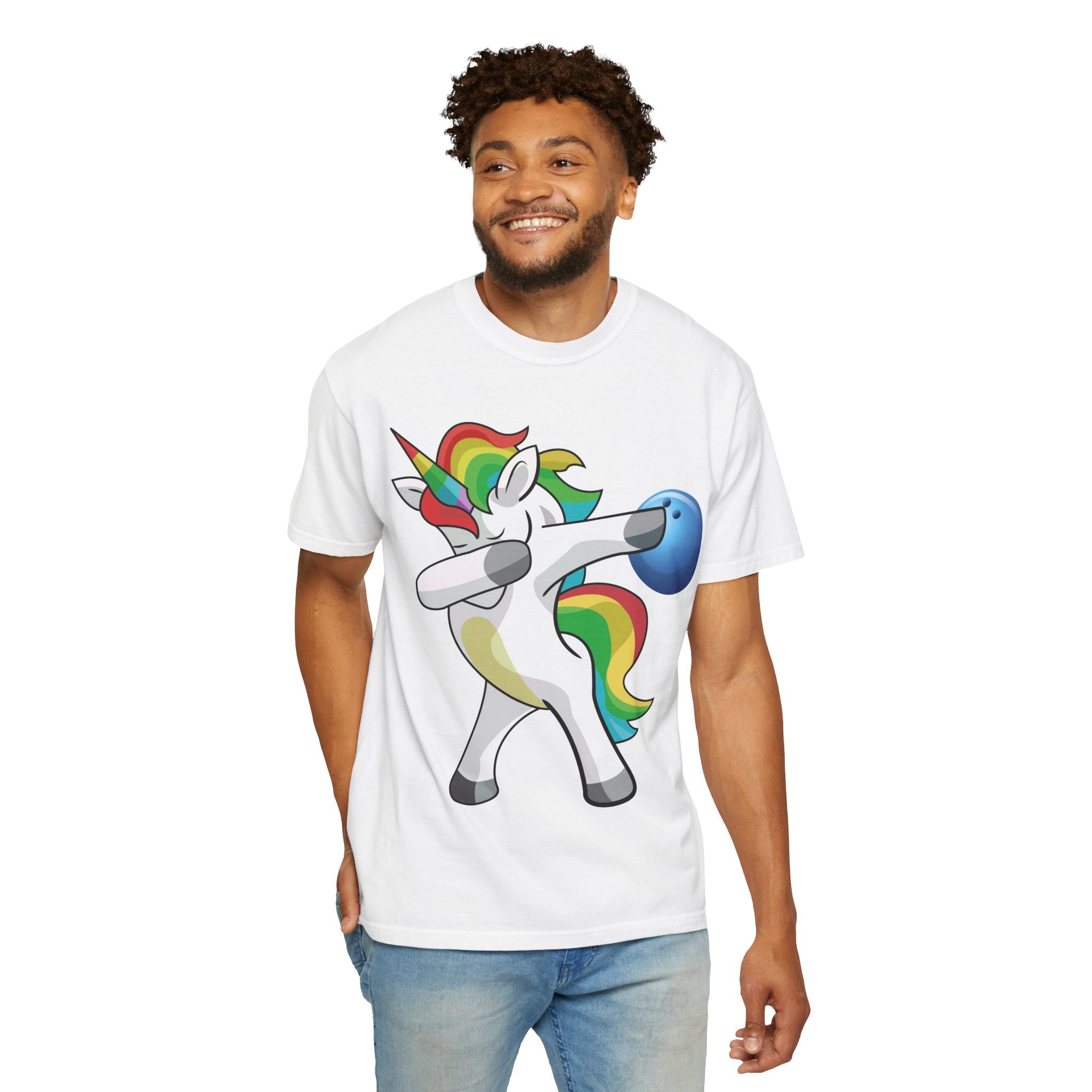 Dabbing Unicorn Rainbow T-Shirt | Cartoon Graphic Tee with Bowling Ball Design