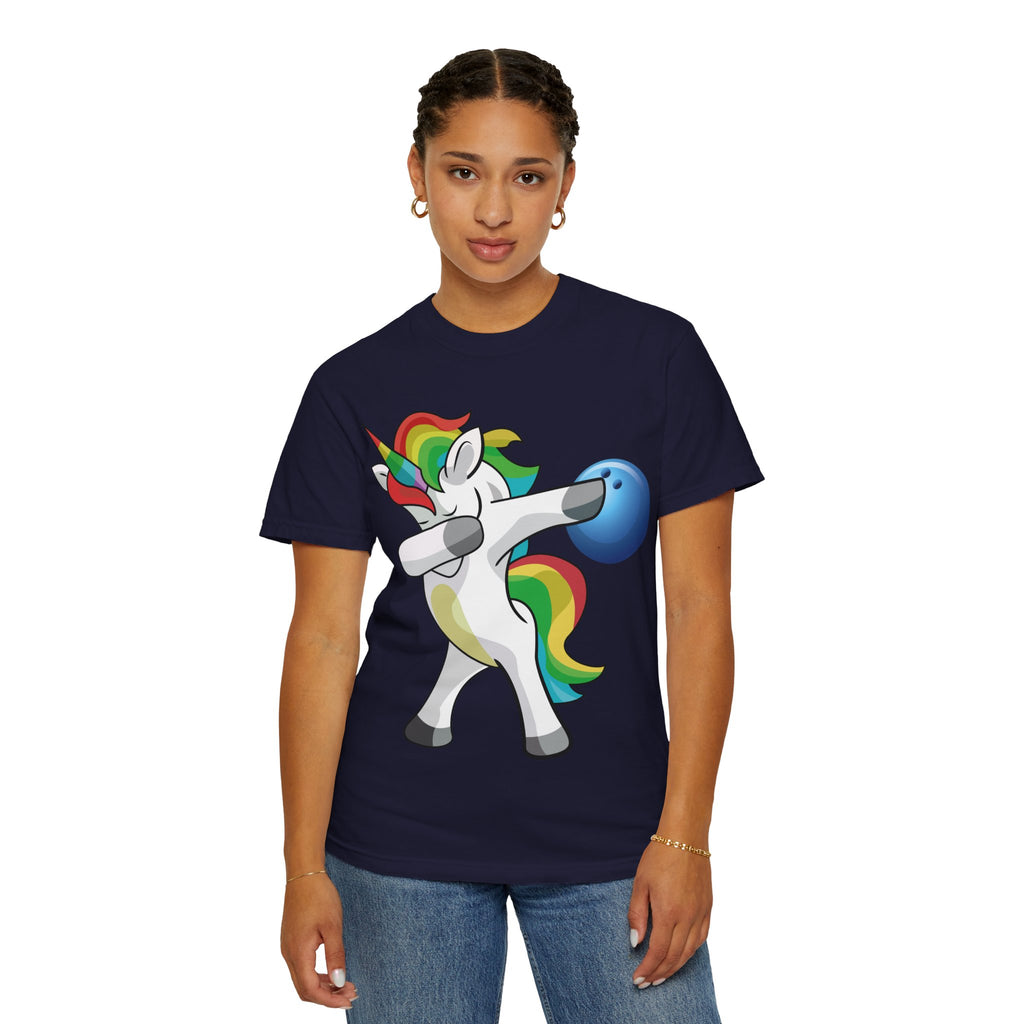 Dabbing Unicorn Rainbow T-Shirt | Cartoon Graphic Tee with Bowling Ball Design