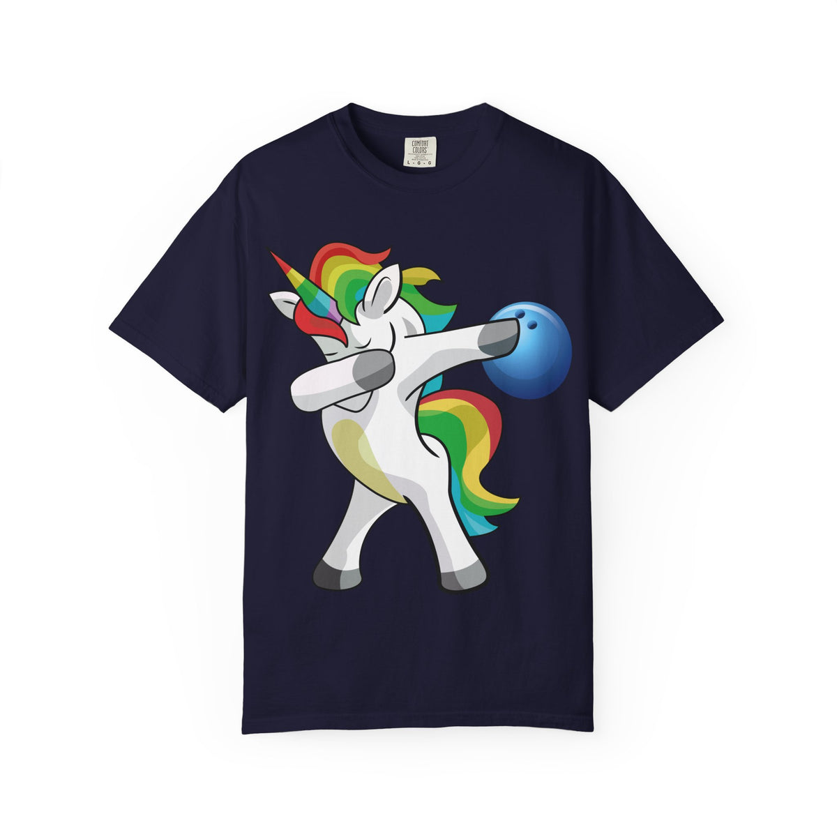 Dabbing Unicorn Rainbow T-Shirt | Cartoon Graphic Tee with Bowling Ball Design