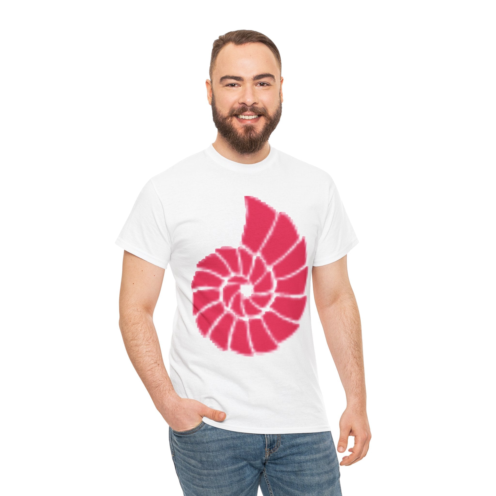 Hand-Drawn Nautilus Spiral Tee | Coral Red Nautilus Chest Graphic