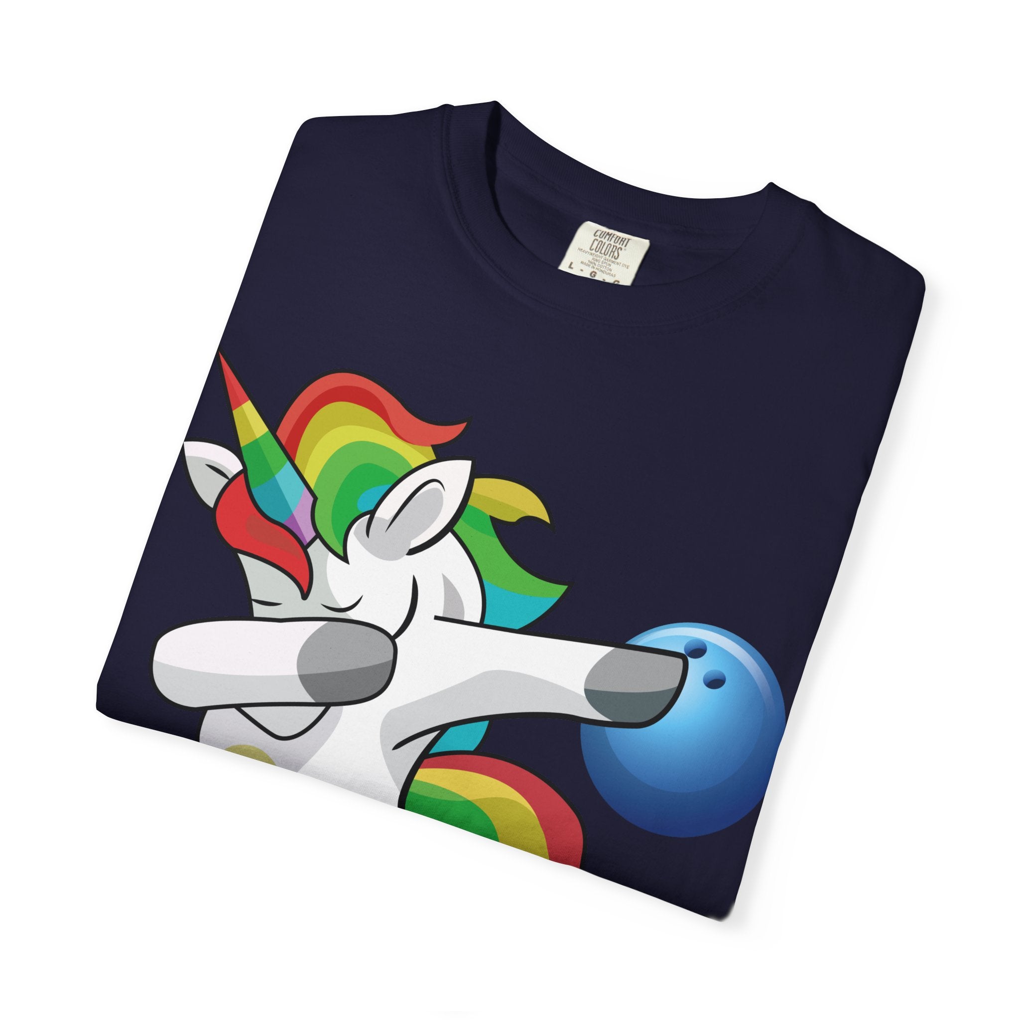 Dabbing Unicorn Rainbow T-Shirt | Cartoon Graphic Tee with Bowling Ball Design