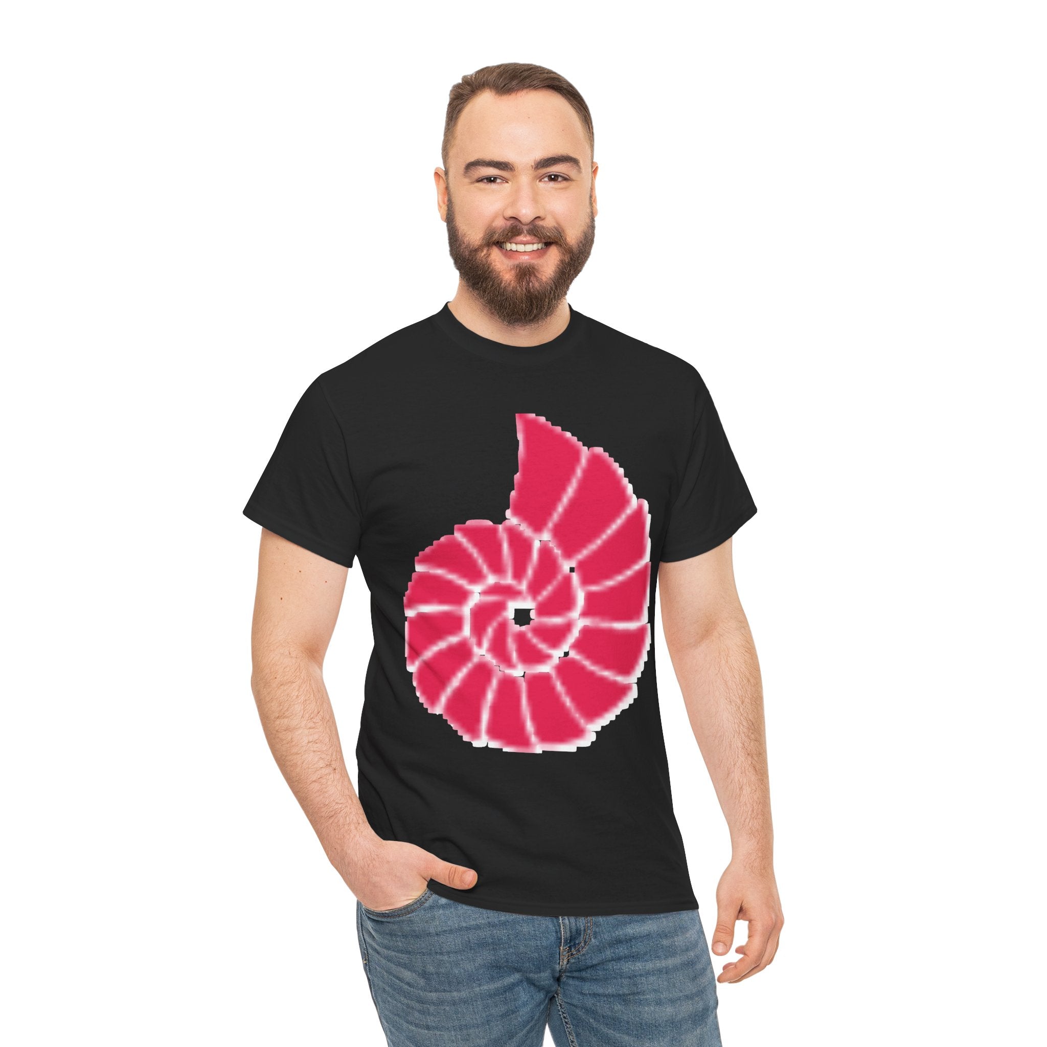 Hand-Drawn Nautilus Spiral Tee | Coral Red Nautilus Chest Graphic