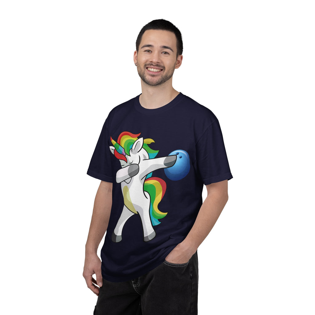 Dabbing Unicorn Rainbow T-Shirt | Cartoon Graphic Tee with Bowling Ball Design