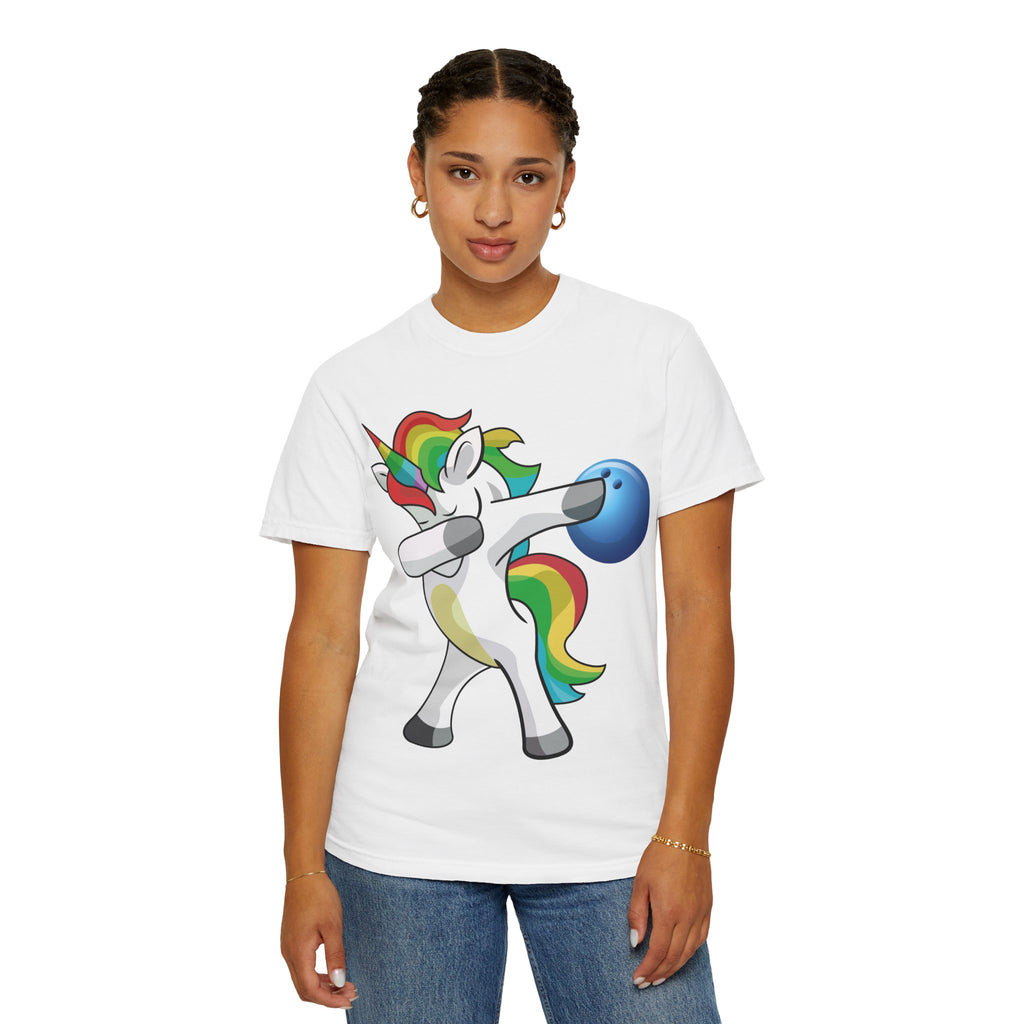 Dabbing Unicorn Rainbow T-Shirt | Cartoon Graphic Tee with Bowling Ball Design