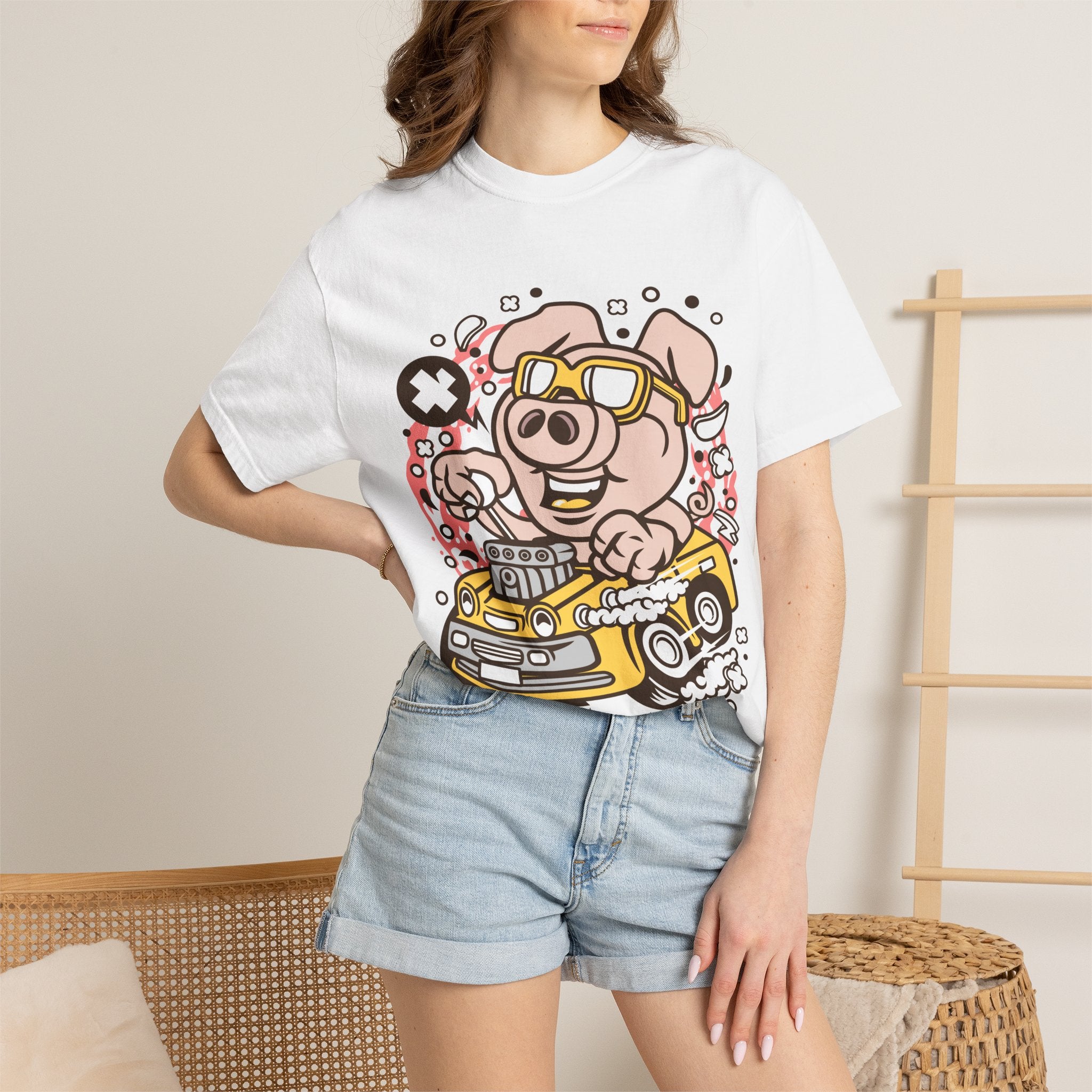 Pig Driver Race Car T-Shirt — Cute Cartoon Pig in Shades Graphic Tee