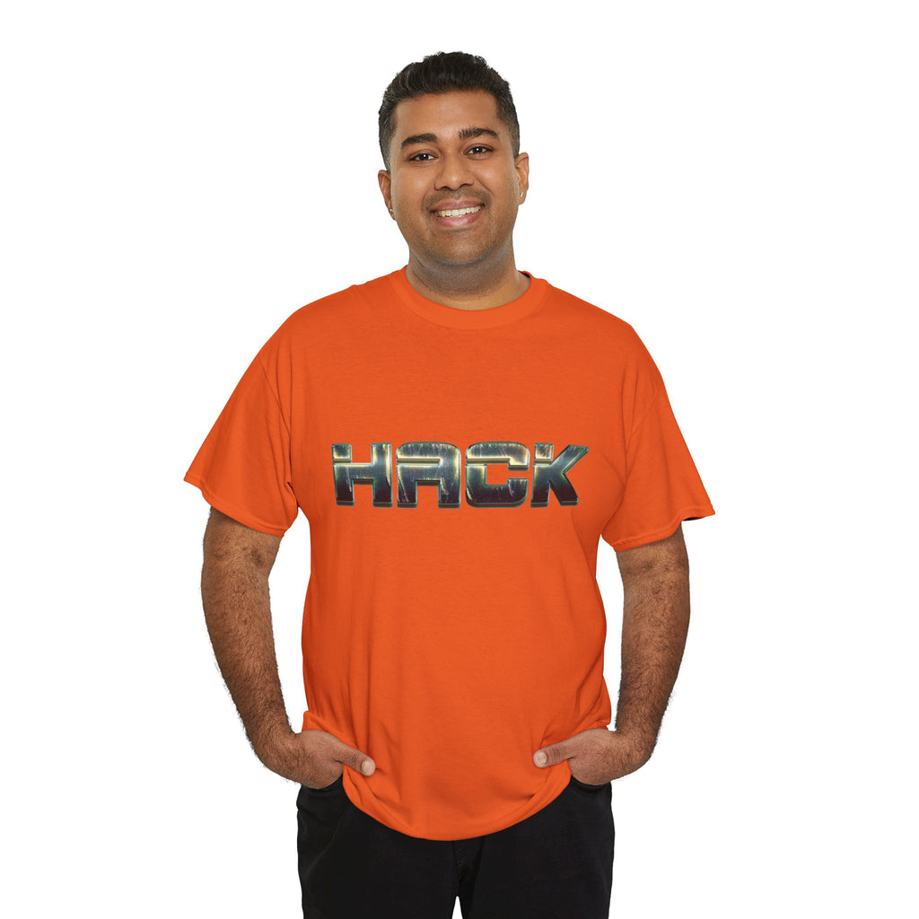 Orange HACK Metallic Logo T-Shirt | Tech Coder Hacker Shirt | Heavyweight Cotton