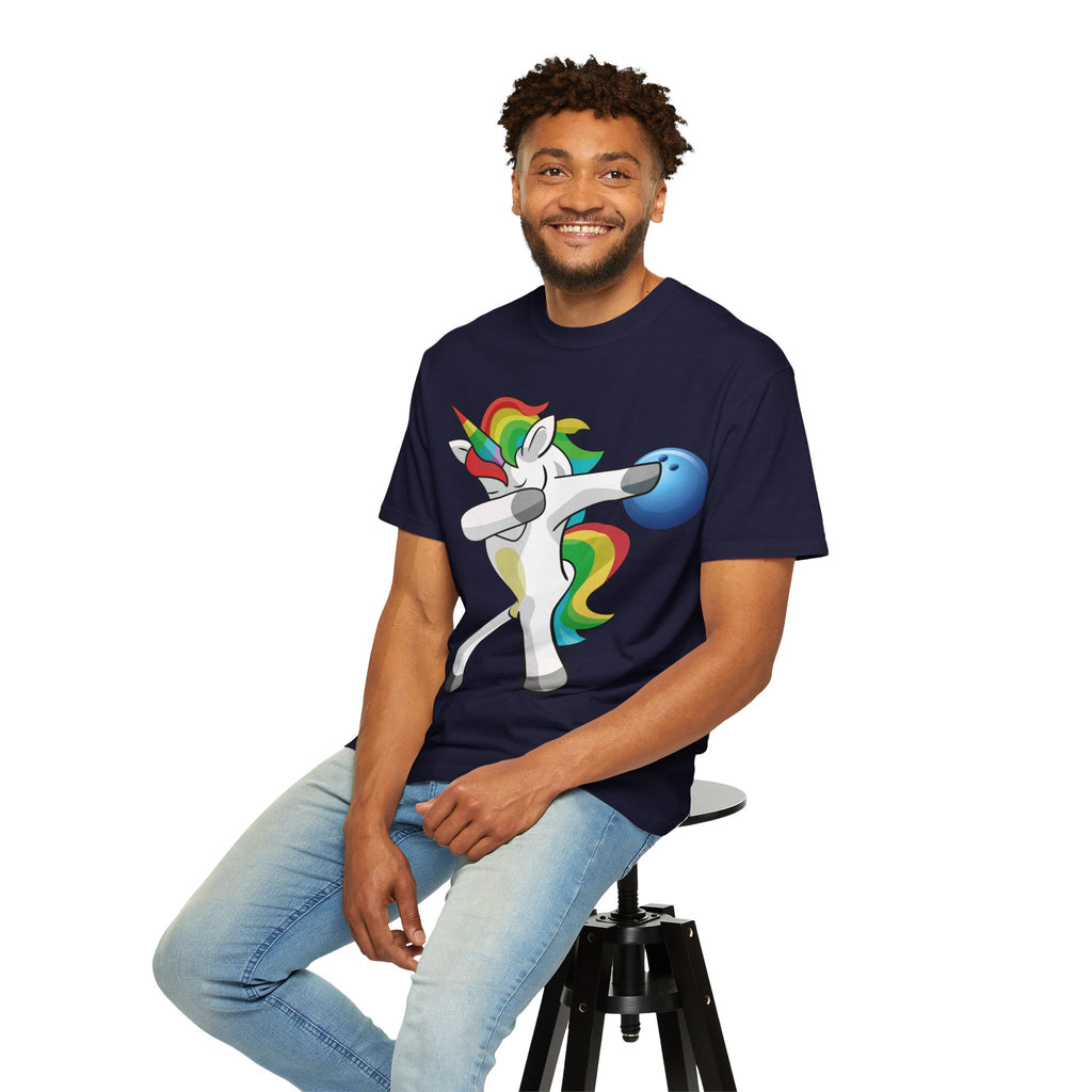Dabbing Unicorn Rainbow T-Shirt | Cartoon Graphic Tee with Bowling Ball Design