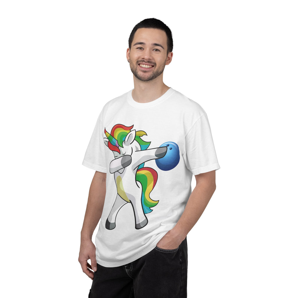 Dabbing Unicorn Rainbow T-Shirt | Cartoon Graphic Tee with Bowling Ball Design