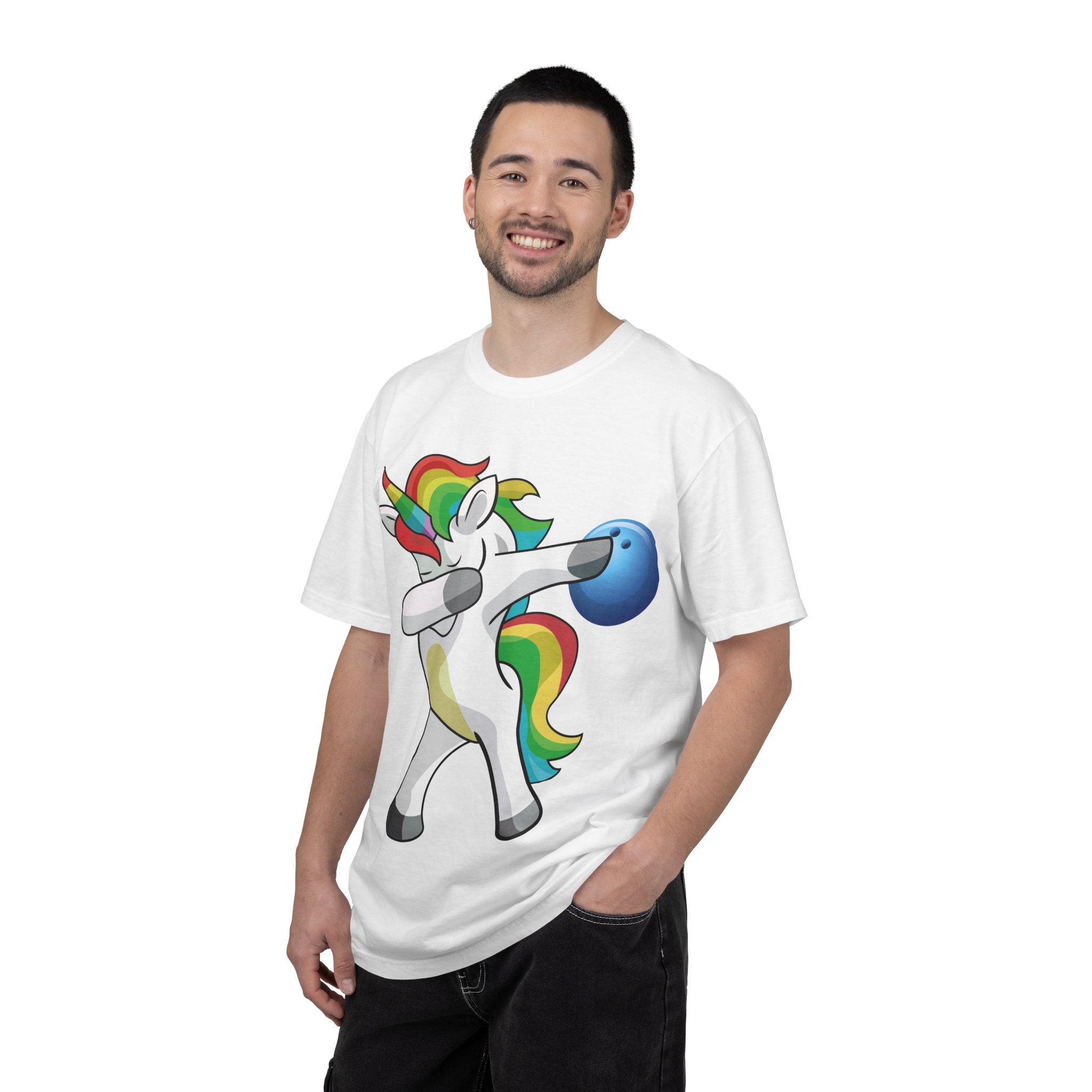 Dabbing Unicorn Rainbow T-Shirt | Cartoon Graphic Tee with Bowling Ball Design