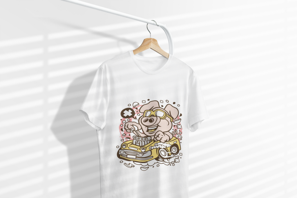 Pig Driver Race Car T-Shirt — Cute Cartoon Pig in Shades Graphic Tee