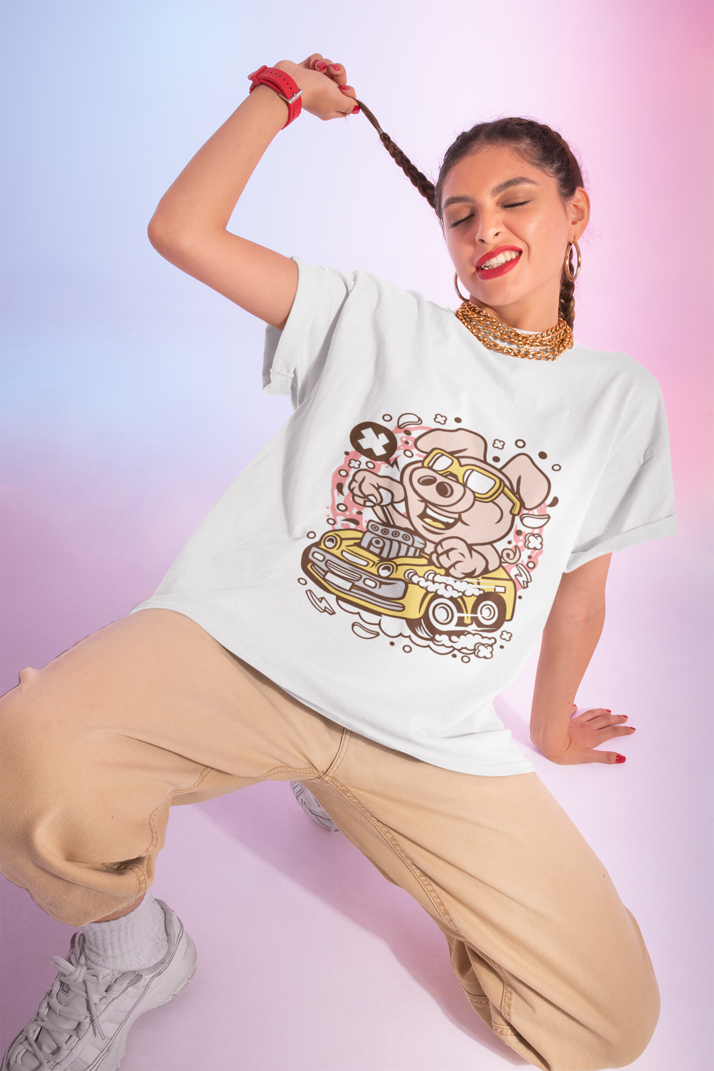Pig Driver Race Car T-Shirt — Cute Cartoon Pig in Shades Graphic Tee
