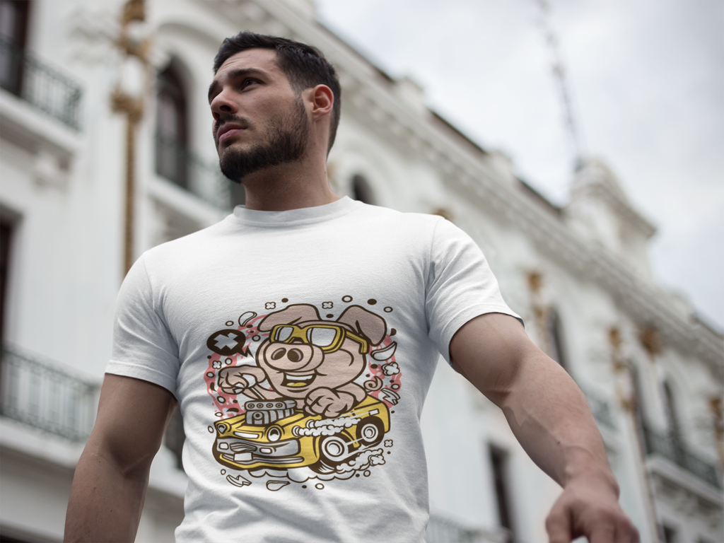 Pig Driver Race Car T-Shirt — Cute Cartoon Pig in Shades Graphic Tee