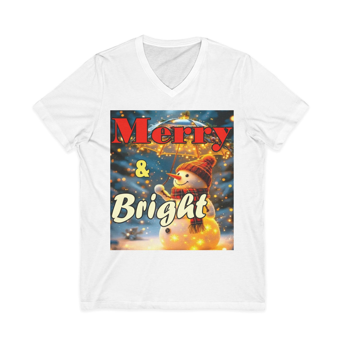 Merry and Bright Snowman V-Neck T-Shirt Holiday Graphic Tee