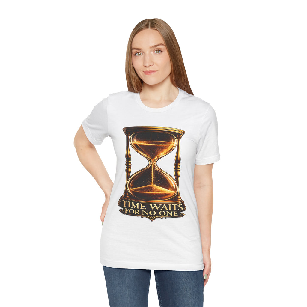Vintage Hourglass Tee — "Time Waits For No One" Inspirational Graphic T-Shirt