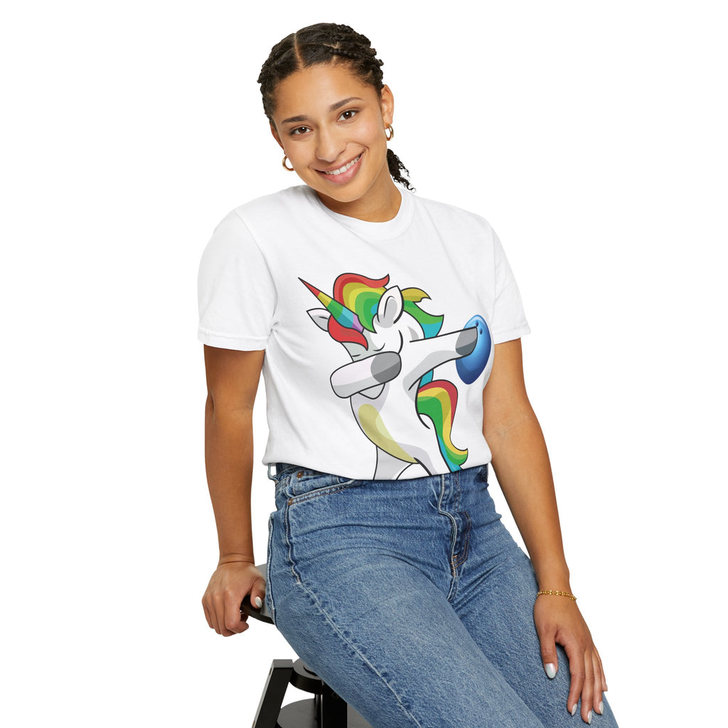 Dabbing Unicorn Rainbow T-Shirt | Cartoon Graphic Tee with Bowling Ball Design