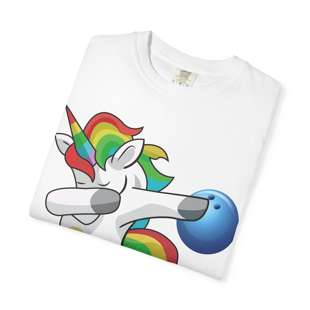 Dabbing Unicorn Rainbow T-Shirt | Cartoon Graphic Tee with Bowling Ball Design