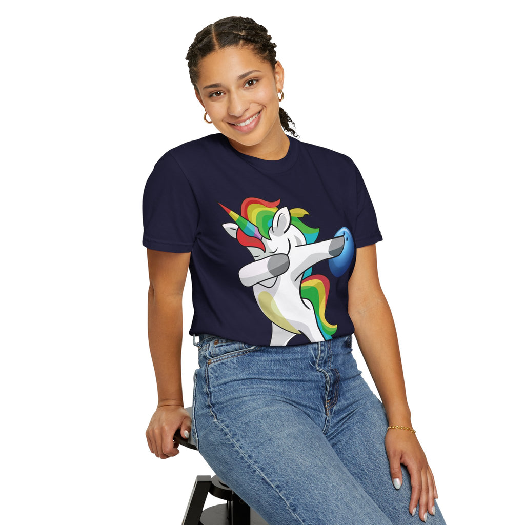 Dabbing Unicorn Rainbow T-Shirt | Cartoon Graphic Tee with Bowling Ball Design