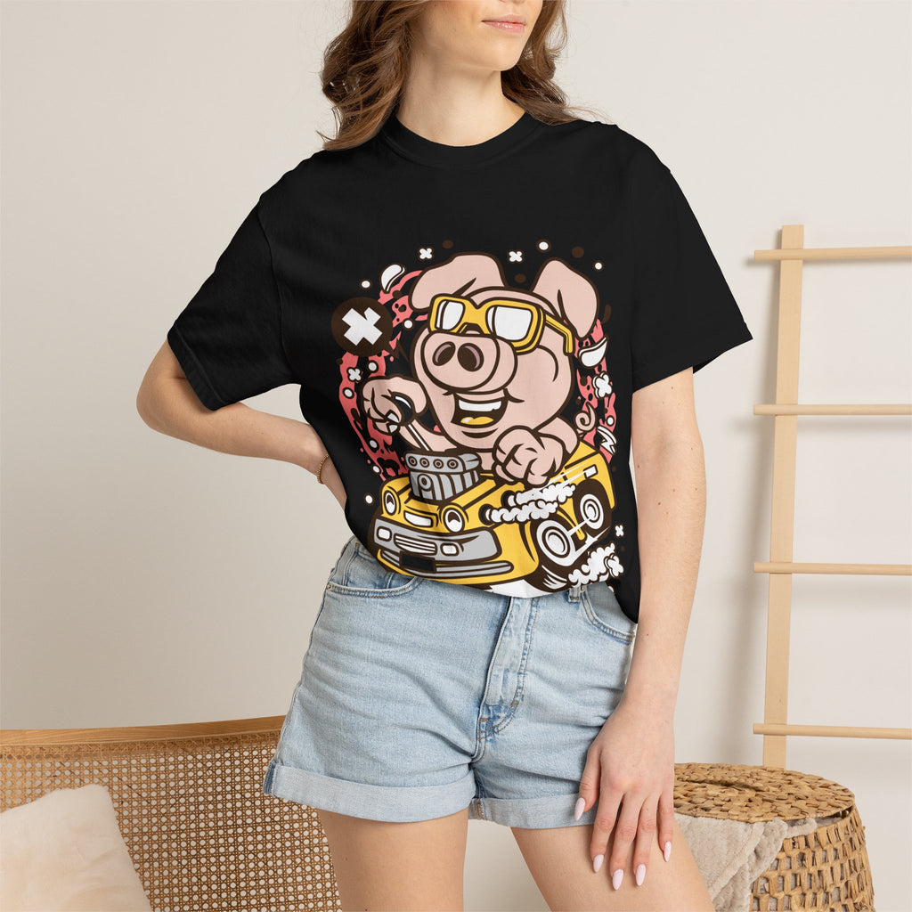 Pig Driver Race Car T-Shirt — Cute Cartoon Pig in Shades Graphic Tee