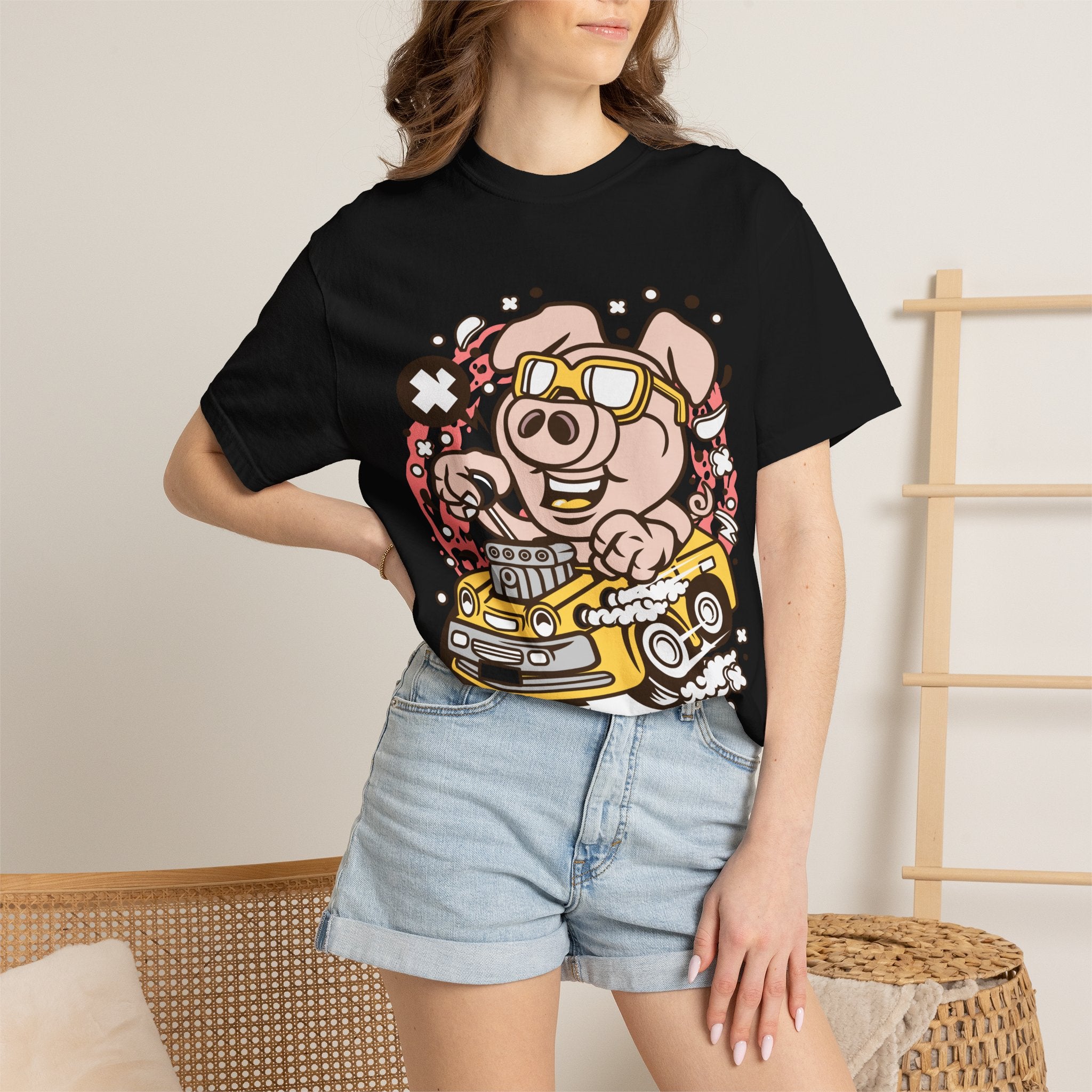 Pig Driver Race Car T-Shirt — Cute Cartoon Pig in Shades Graphic Tee