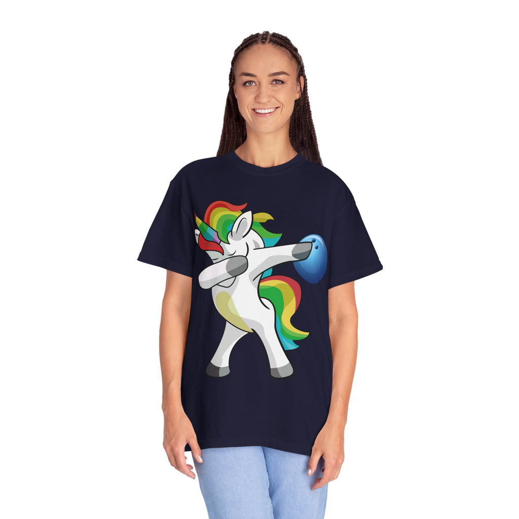 Dabbing Unicorn Rainbow T-Shirt | Cartoon Graphic Tee with Bowling Ball Design