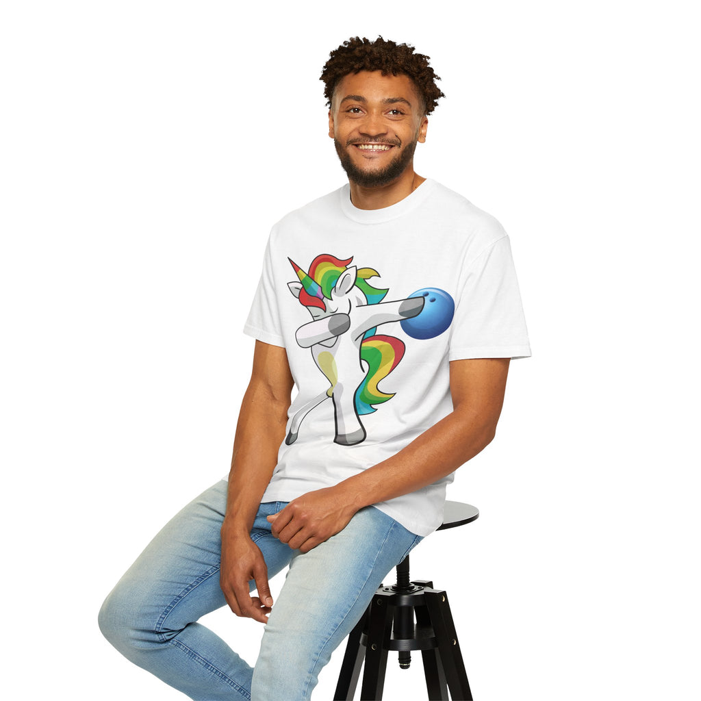 Dabbing Unicorn Rainbow T-Shirt | Cartoon Graphic Tee with Bowling Ball Design