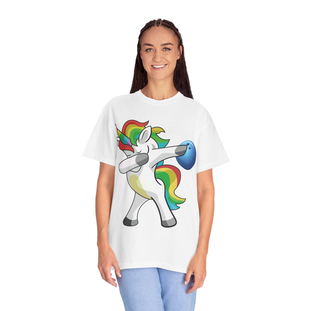 Dabbing Unicorn Rainbow T-Shirt | Cartoon Graphic Tee with Bowling Ball Design
