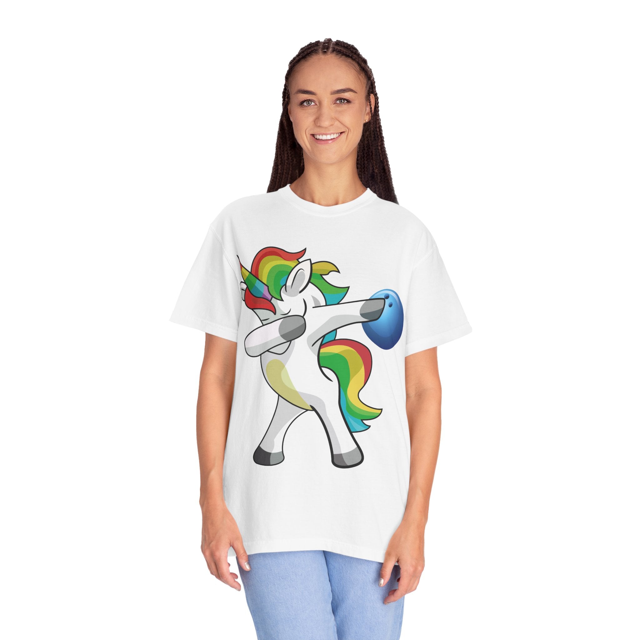 Dabbing Unicorn Rainbow T-Shirt | Cartoon Graphic Tee with Bowling Ball Design