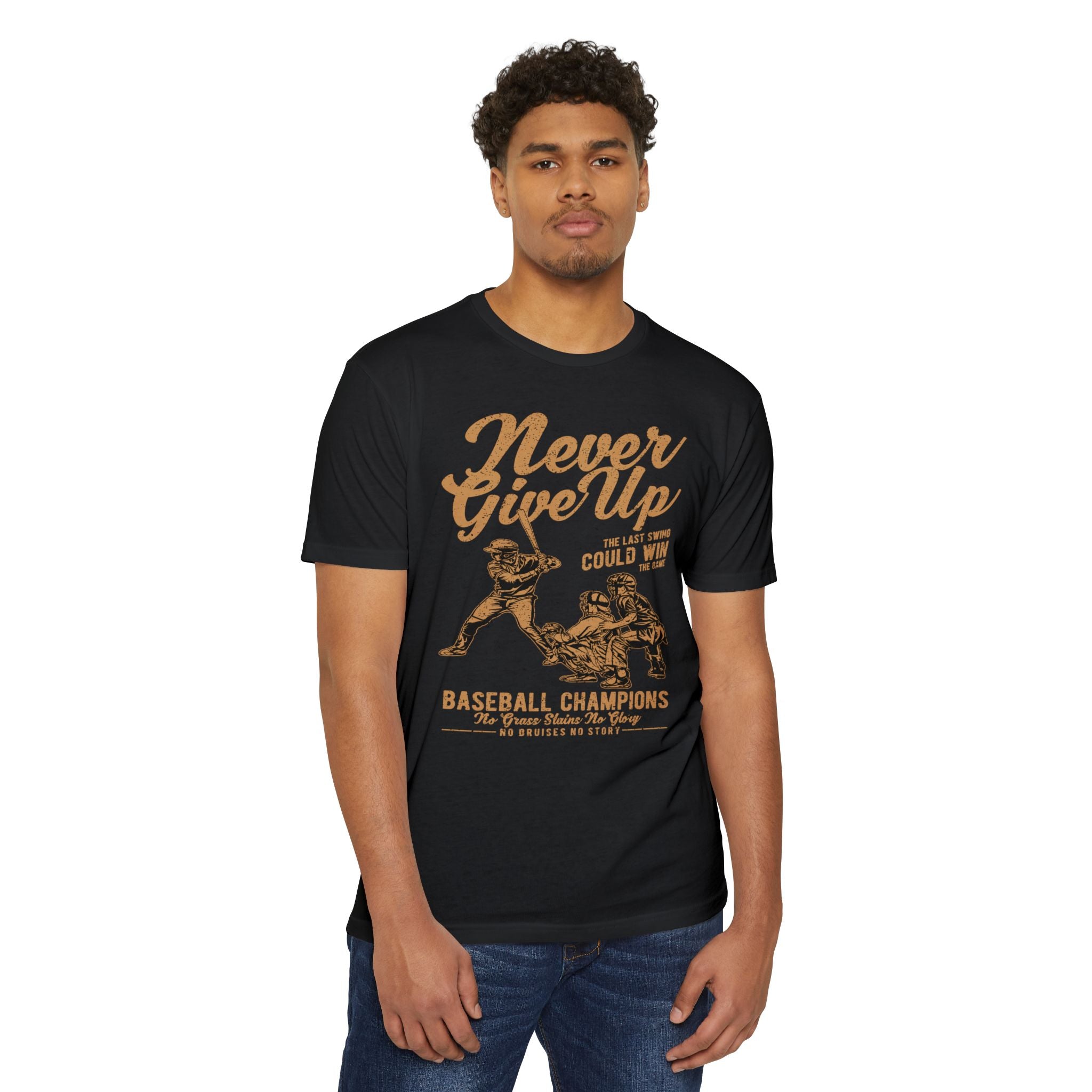 Never Give Up Baseball T-Shirt — "Your Last Swing Could Win" Vintage Baseball Tee
