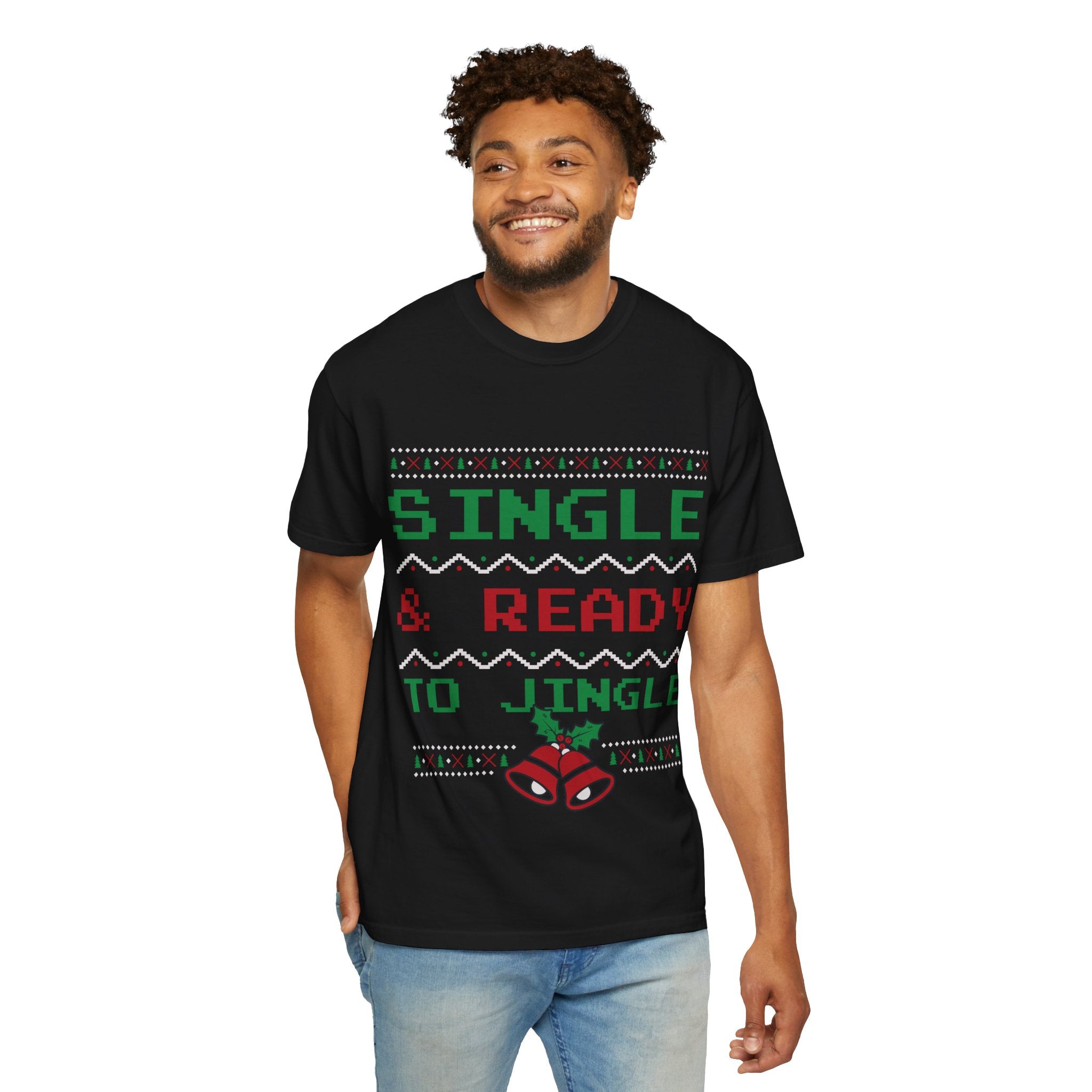 Single and Ready To Jingle Tee | holiday pixel Knit bells & holly