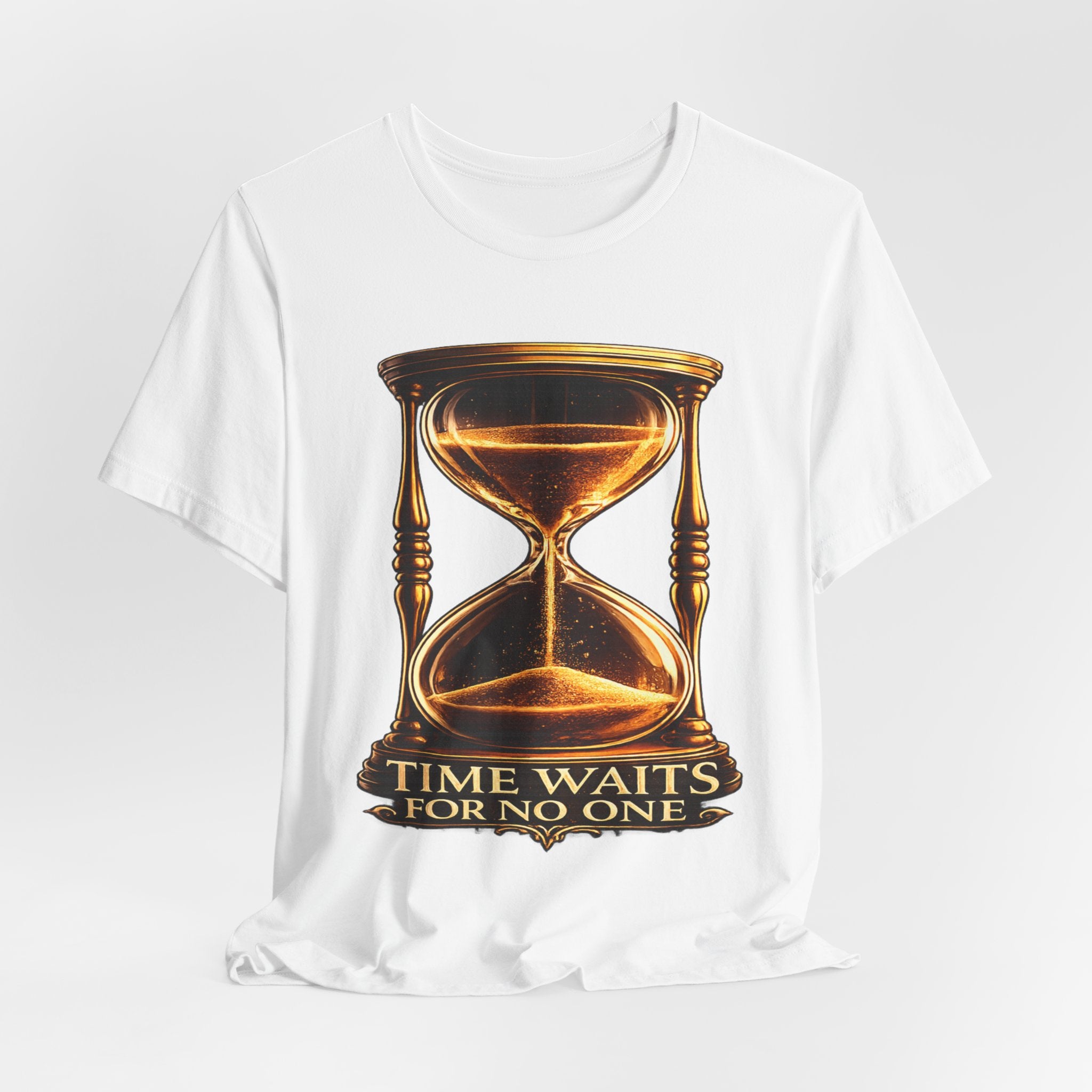 Vintage Hourglass Tee — "Time Waits For No One" Inspirational Graphic T-Shirt