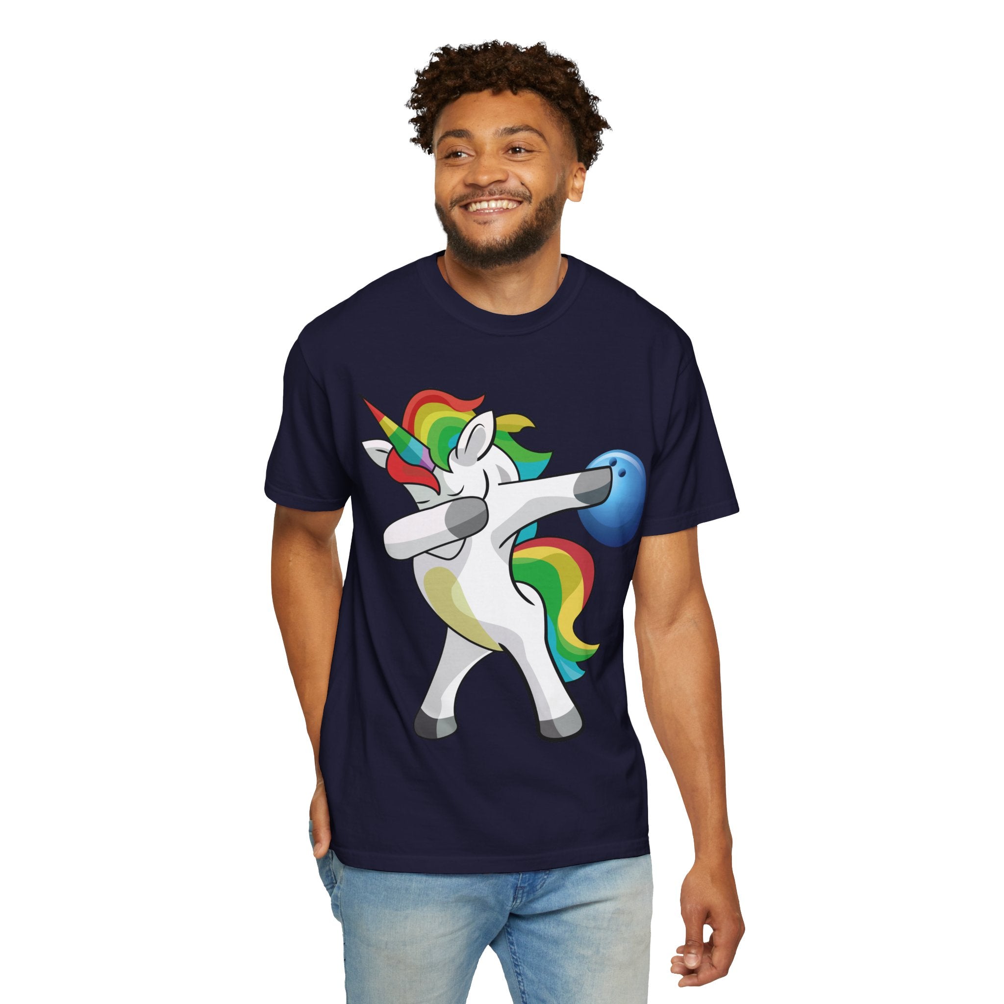 Dabbing Unicorn Rainbow T-Shirt | Cartoon Graphic Tee with Bowling Ball Design