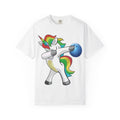 Dabbing Unicorn Rainbow T-Shirt | Cartoon Graphic Tee with Bowling Ball Design