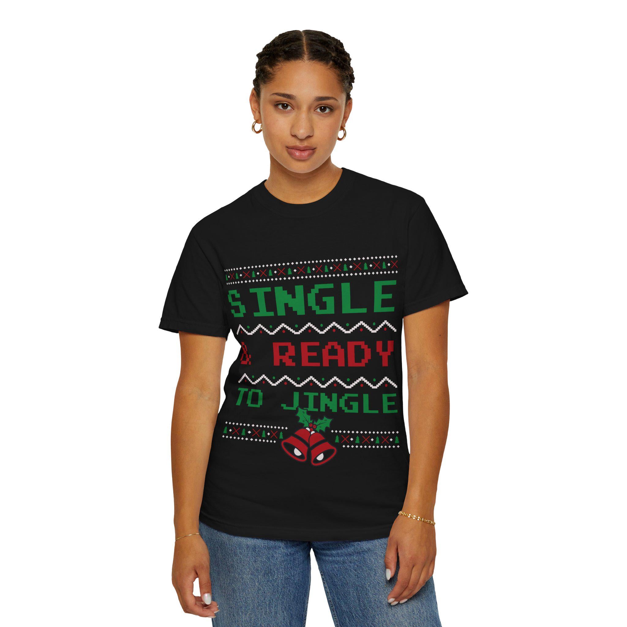 Single and Ready to Jingle Shirt Funny Christmas Tee Pixel Knit Bells Holly Gift
