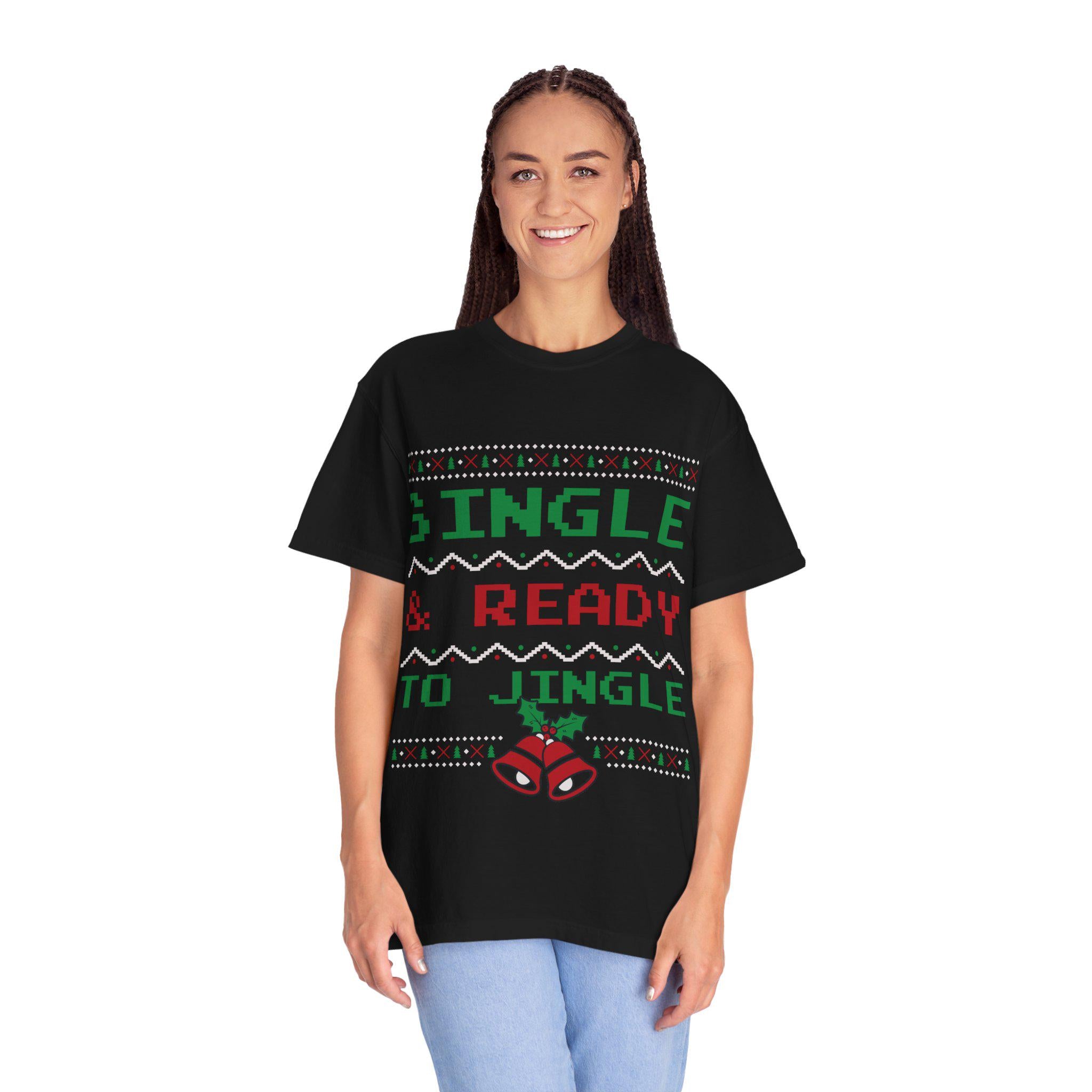 Single and Ready to Jingle Shirt Funny Christmas Tee Pixel Knit Bells Holly Gift