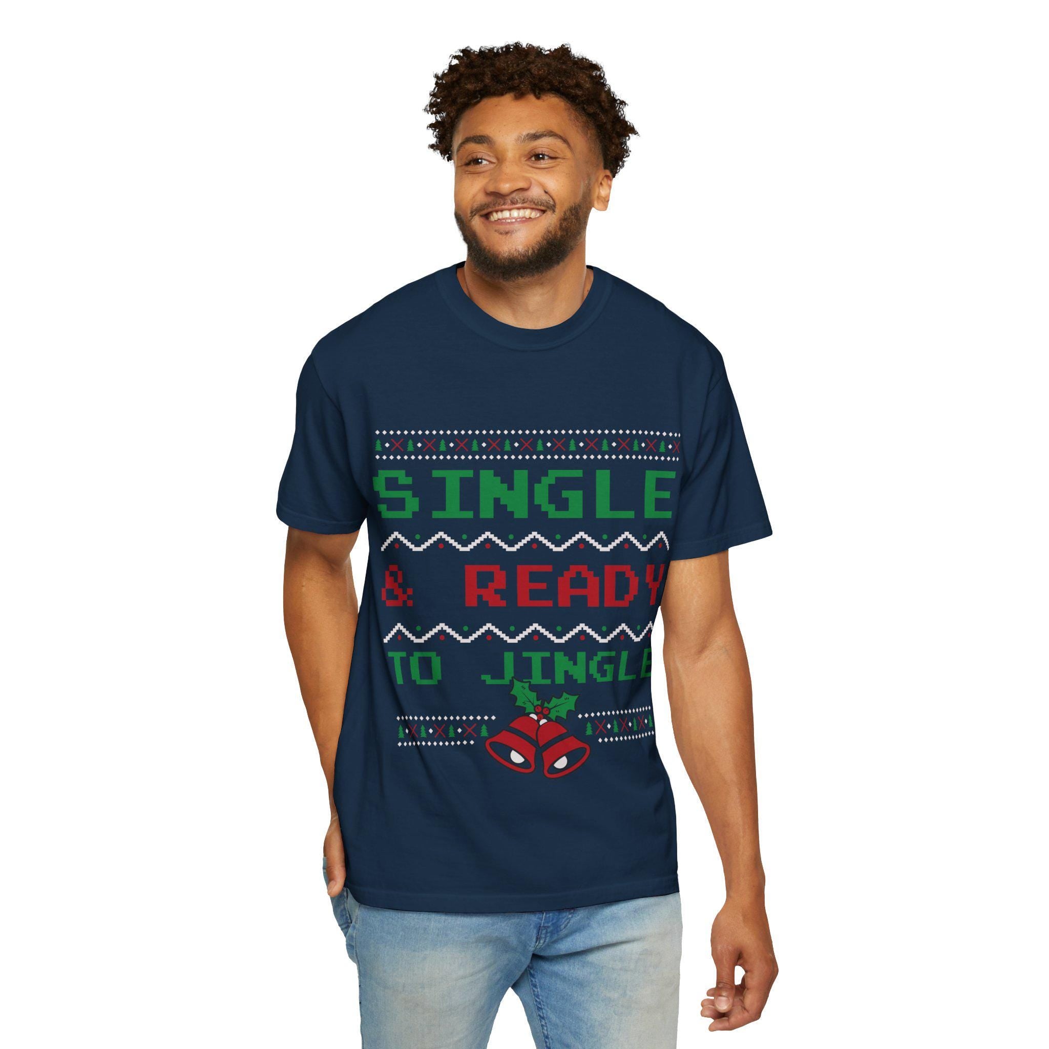 Single and Ready to Jingle Shirt Funny Christmas Tee Pixel Knit Bells Holly Gift