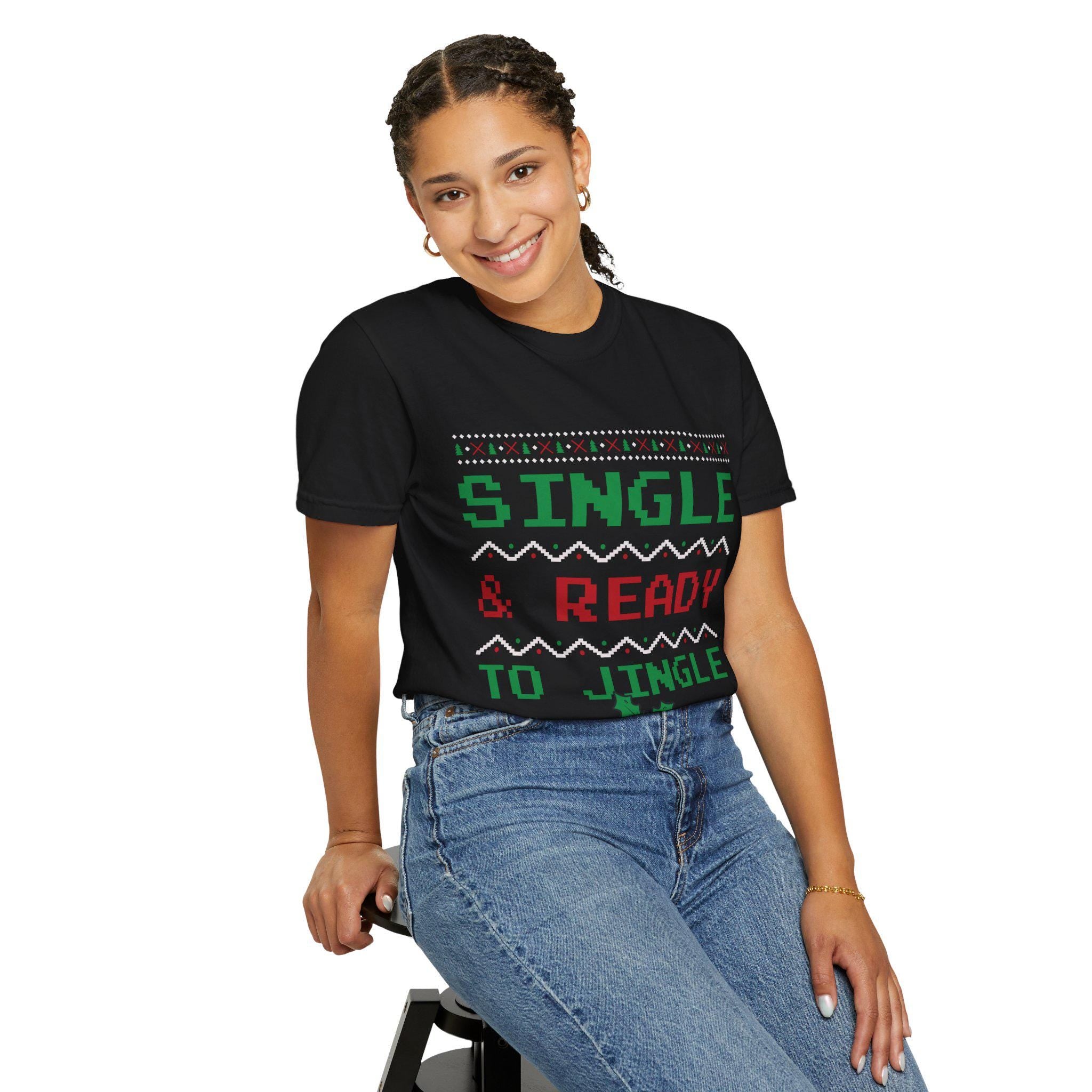 Single and Ready to Jingle Shirt Funny Christmas Tee Pixel Knit Bells Holly Gift