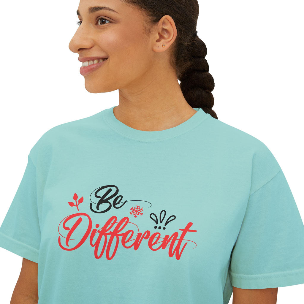 Be Different Coral Ink Print Boxy Crop Tee | Pigment-Dyed Cotton Shirt