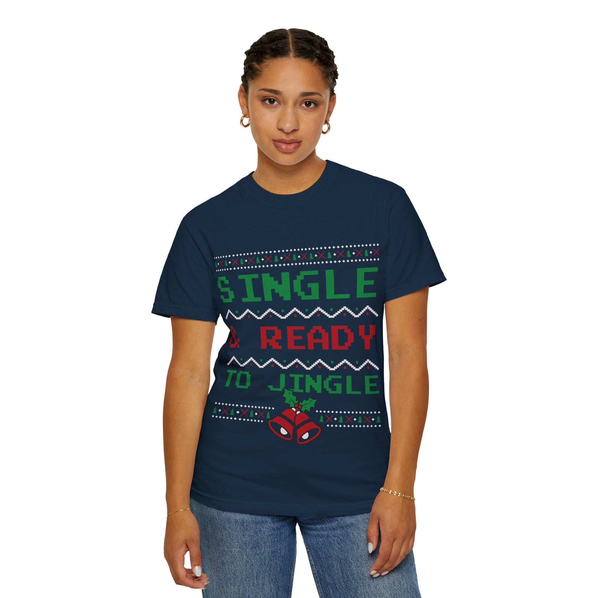 Single and Ready to Jingle Shirt Funny Christmas Tee Pixel Knit Bells Holly Gift