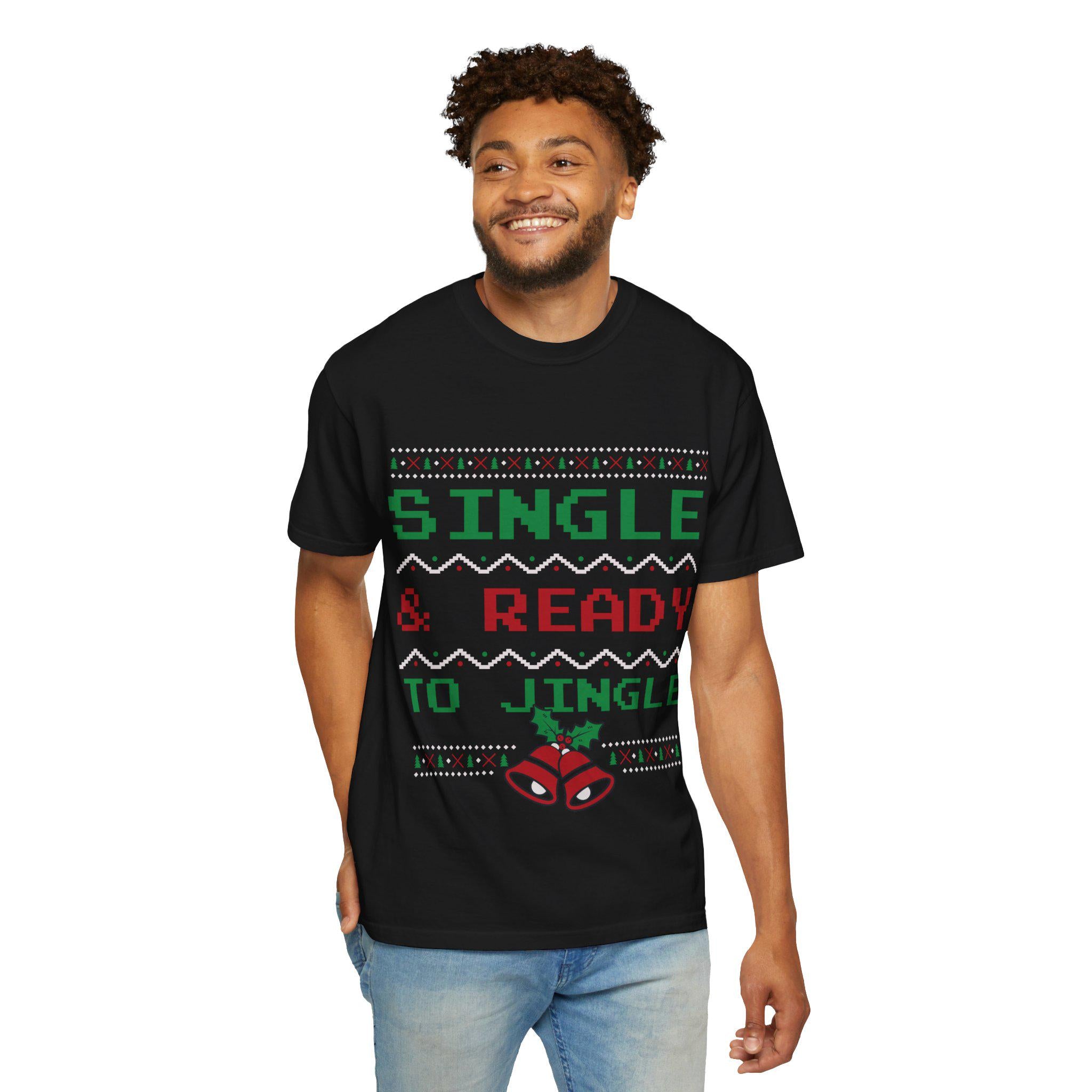 Single and Ready to Jingle Shirt Funny Christmas Tee Pixel Knit Bells Holly Gift