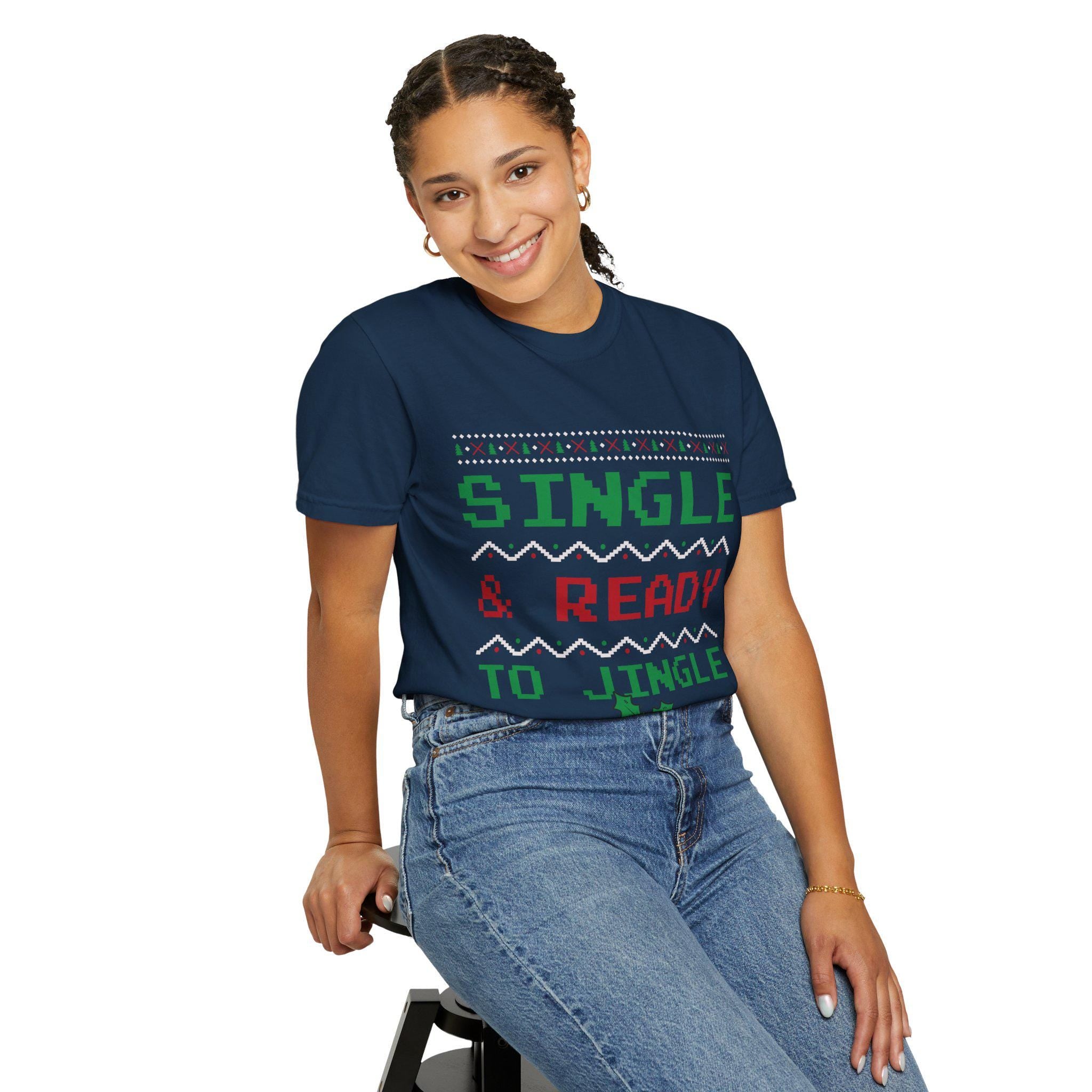Single and Ready to Jingle Shirt Funny Christmas Tee Pixel Knit Bells Holly Gift