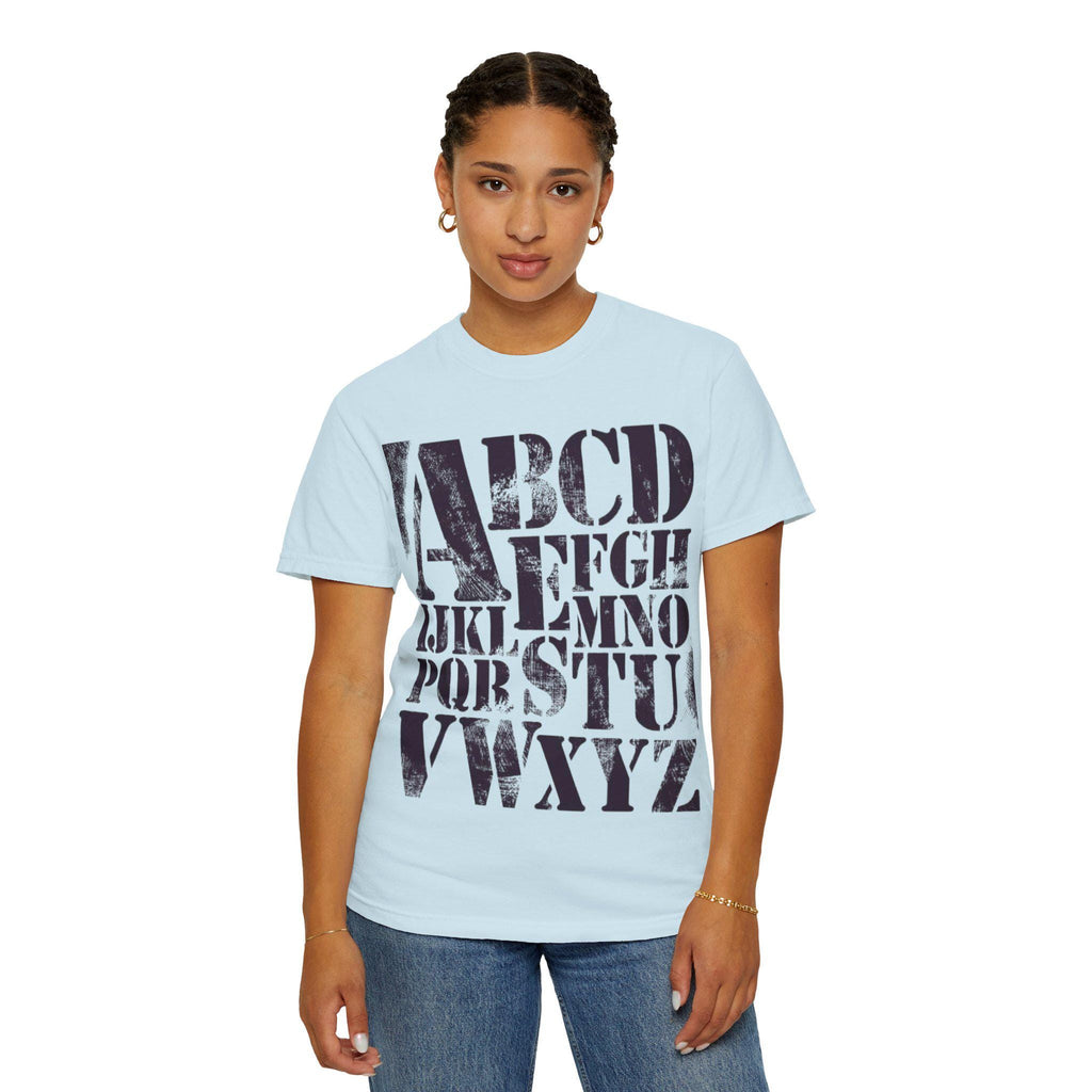 Vintage Alphabet Shirt ABC Graphic Tee Stencil Typography Teacher Gift