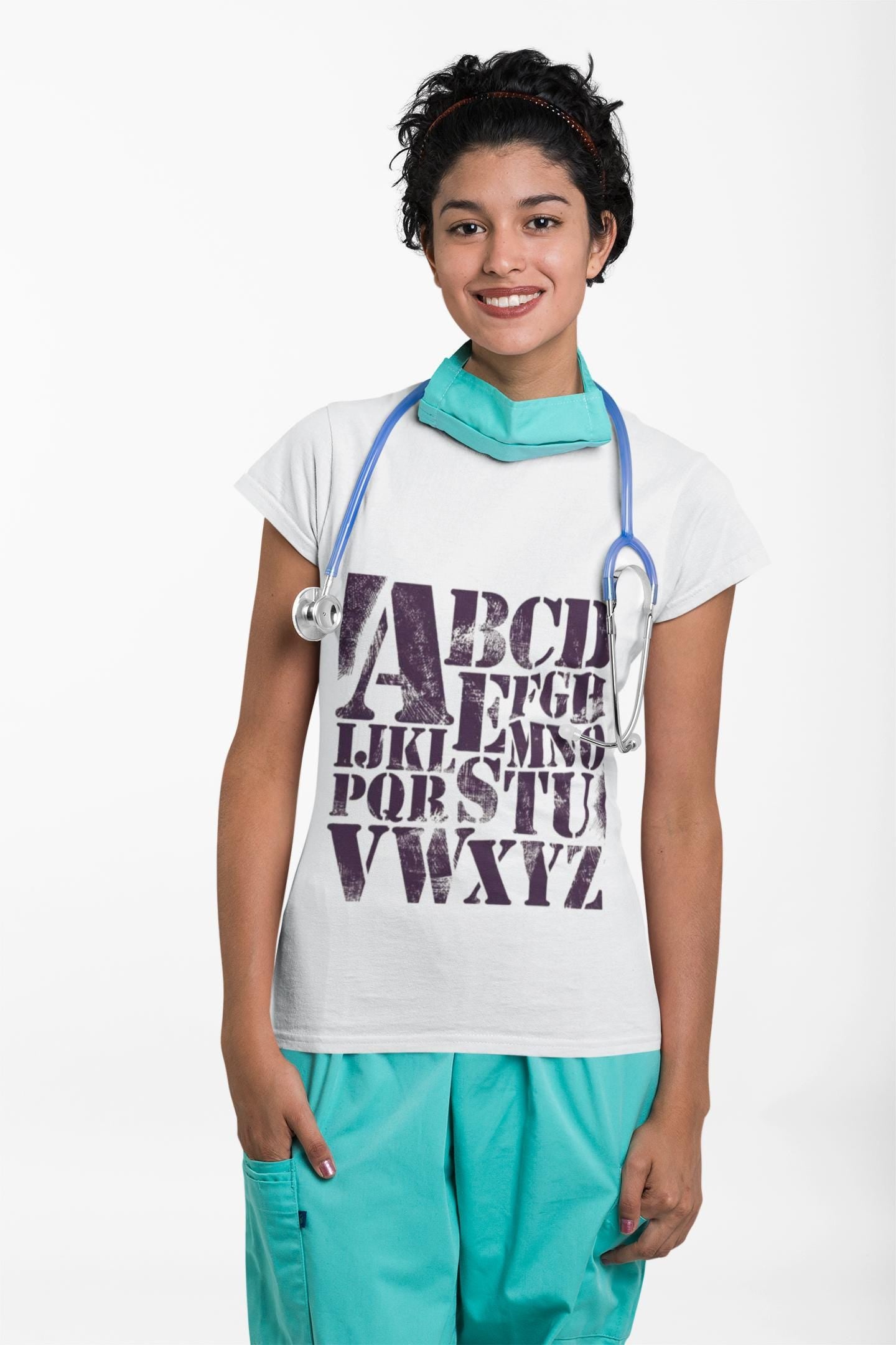 Vintage Alphabet Shirt ABC Graphic Tee Stencil Typography Teacher Gift