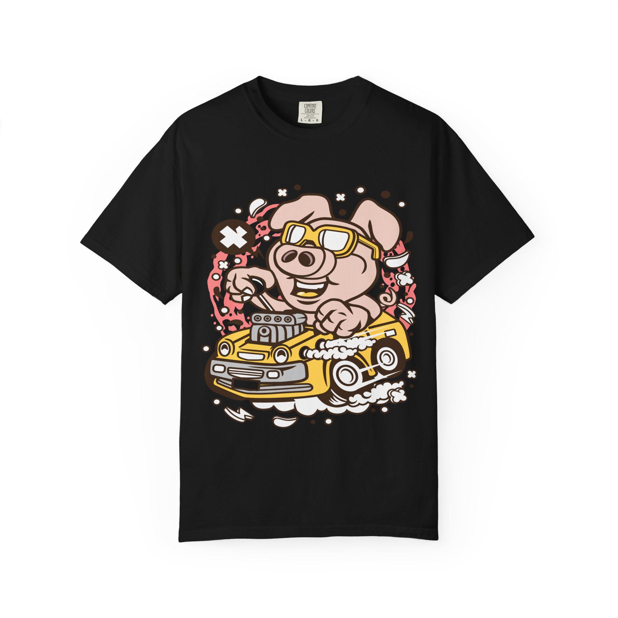 Funny Pig Driving Car Shirt | Cartoon Hot Rod Graphic Tee | Racing Gift | Unisex