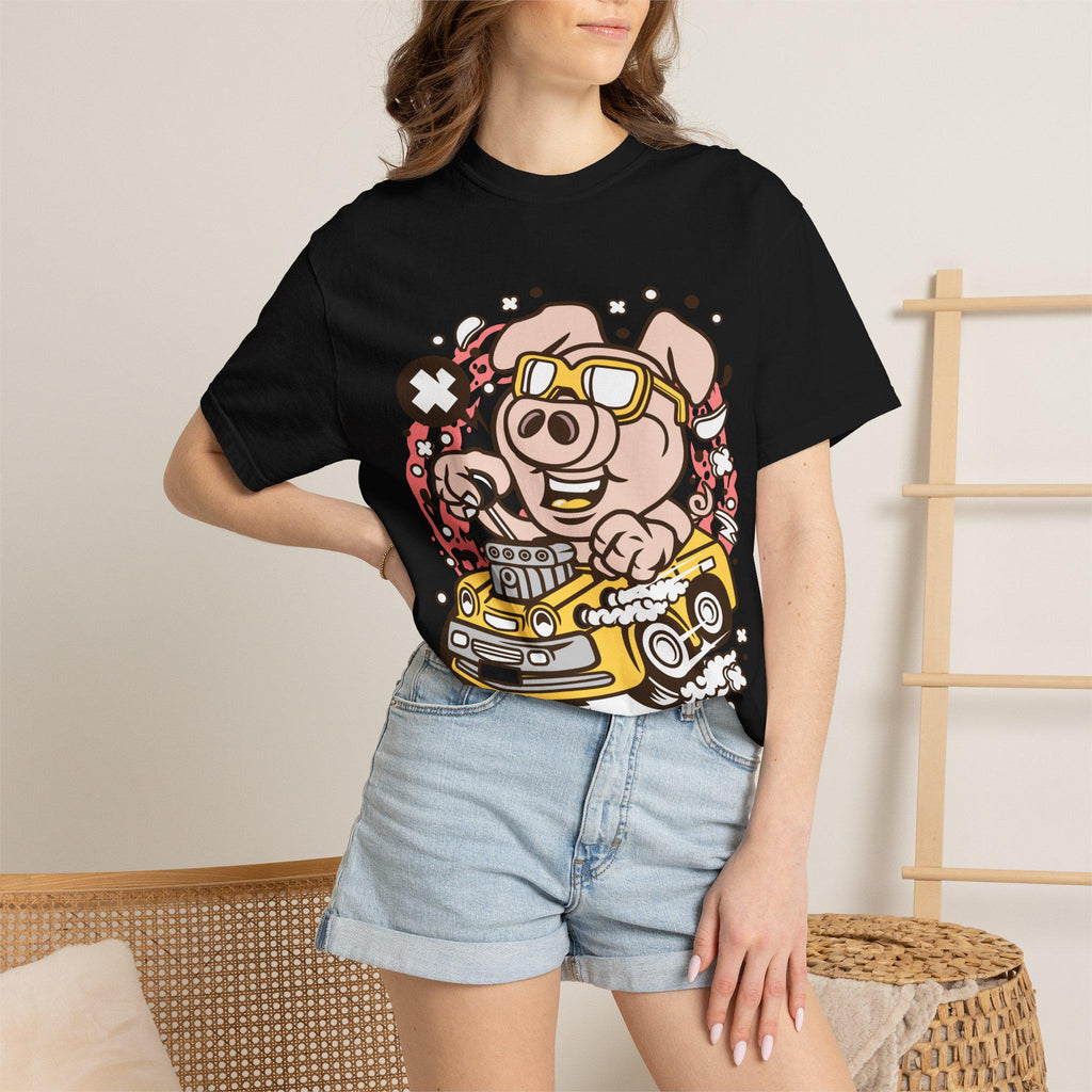 Funny Pig Driving Car Shirt | Cartoon Hot Rod Graphic Tee | Racing Gift | Unisex
