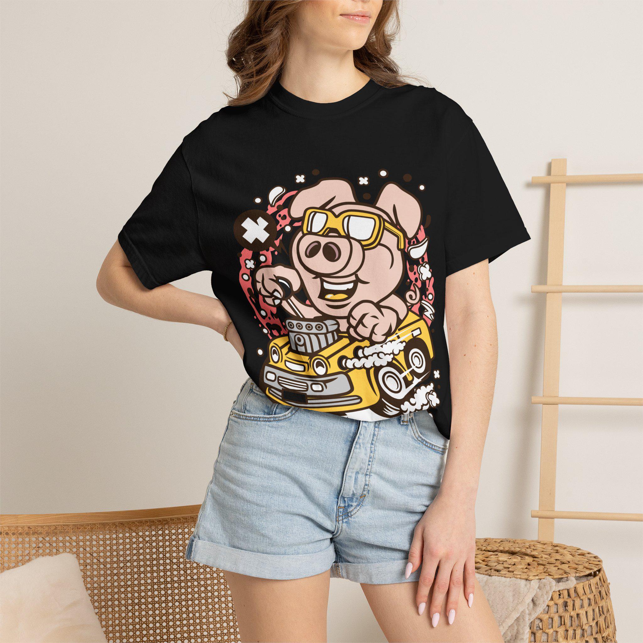 Funny Pig Driving Car Shirt | Cartoon Hot Rod Graphic Tee | Racing Gift | Unisex