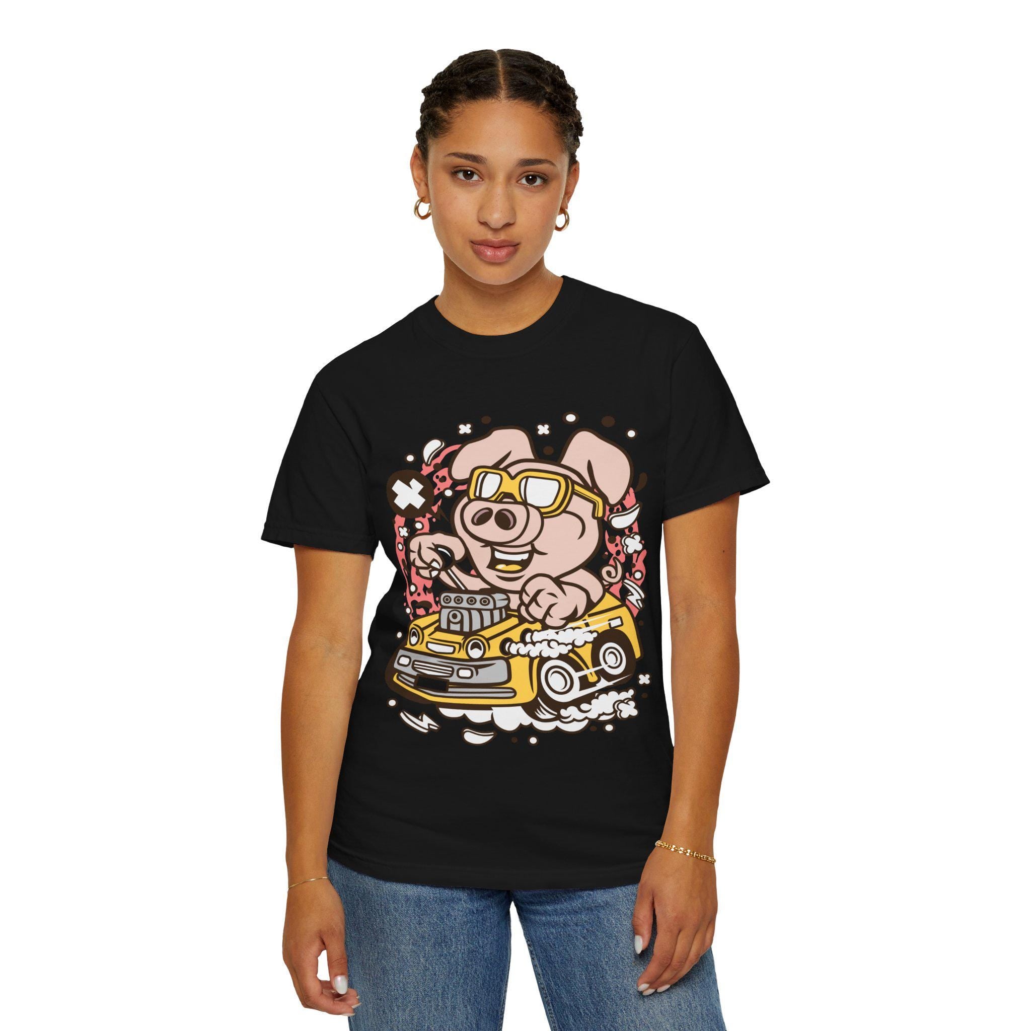 Funny Pig Driving Car Shirt | Cartoon Hot Rod Graphic Tee | Racing Gift | Unisex