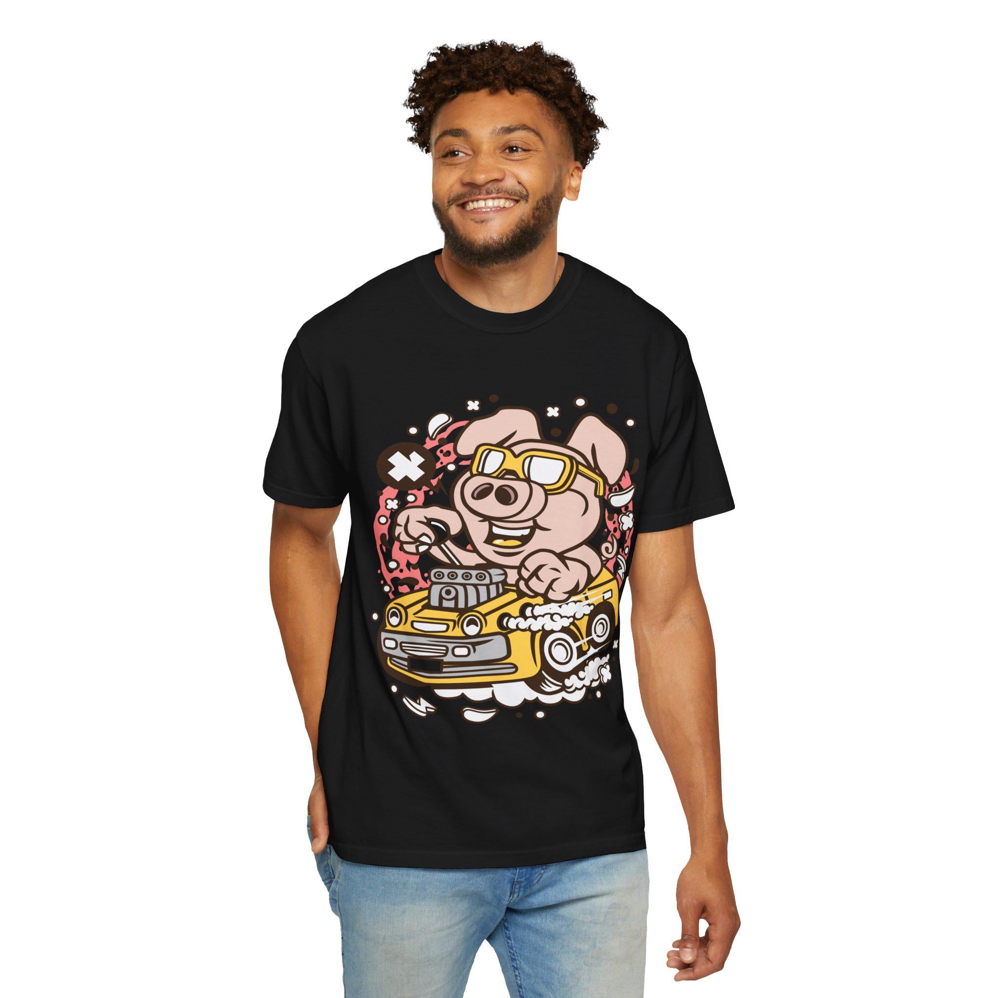 Funny Pig Driving Car Shirt | Cartoon Hot Rod Graphic Tee | Racing Gift | Unisex